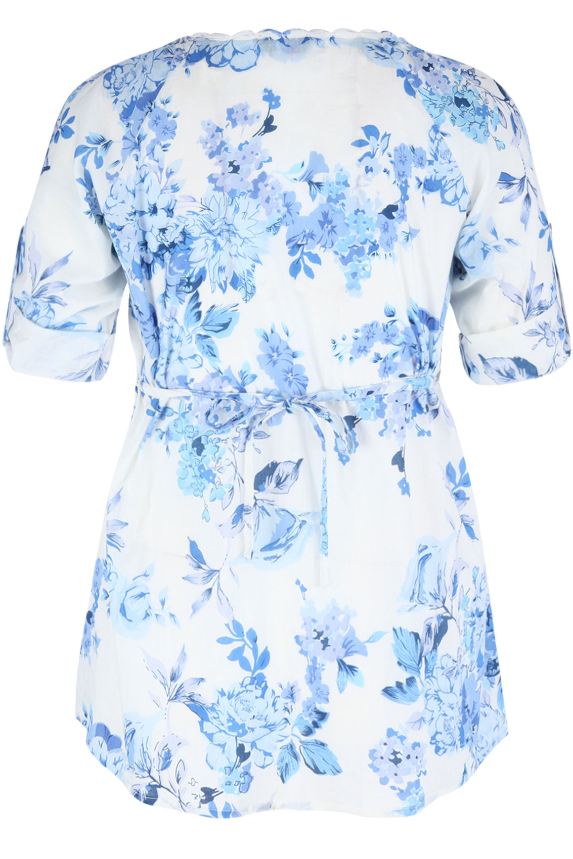 White and Blue Longline Floral Blouse With 3/4 Sleeves