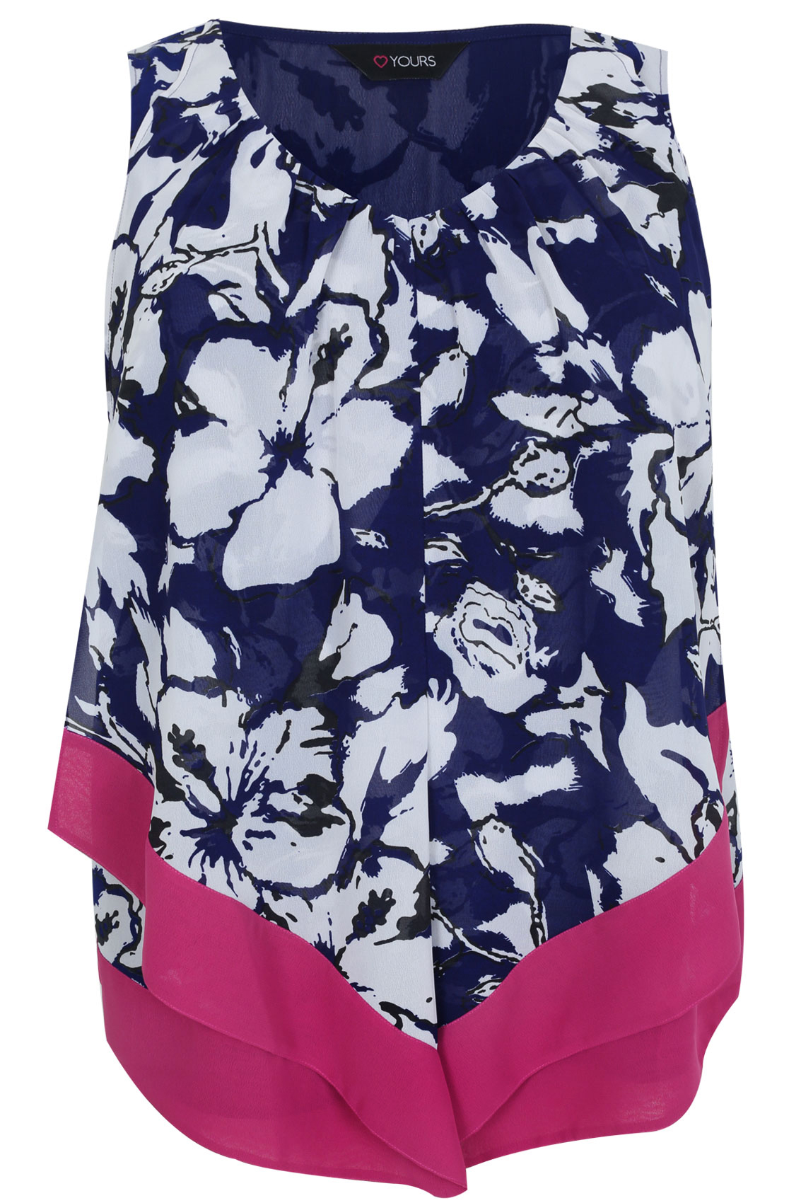 Navy, Pink & White Floral Print Sleeveless Chiffon Drape Blouse Plus ...