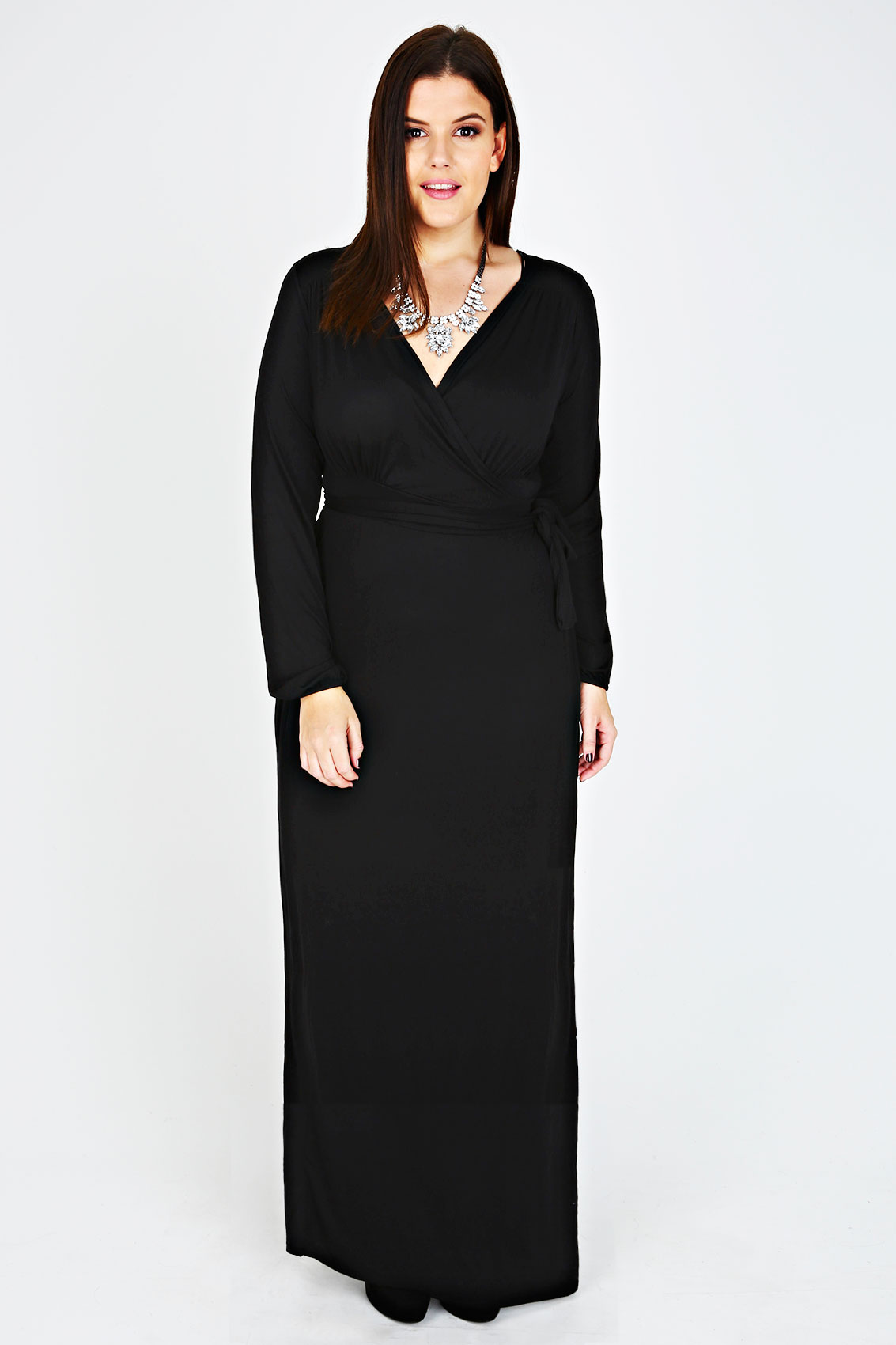 Black Long Sleeve Wrap Maxi Dress Plus Size 14 to 36