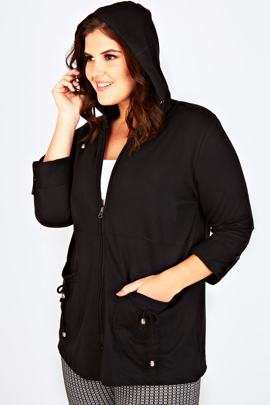 Black Zip Up Cotton Mix Hoodie With Toggles & Roll-Up Sleeves Plus Size ...