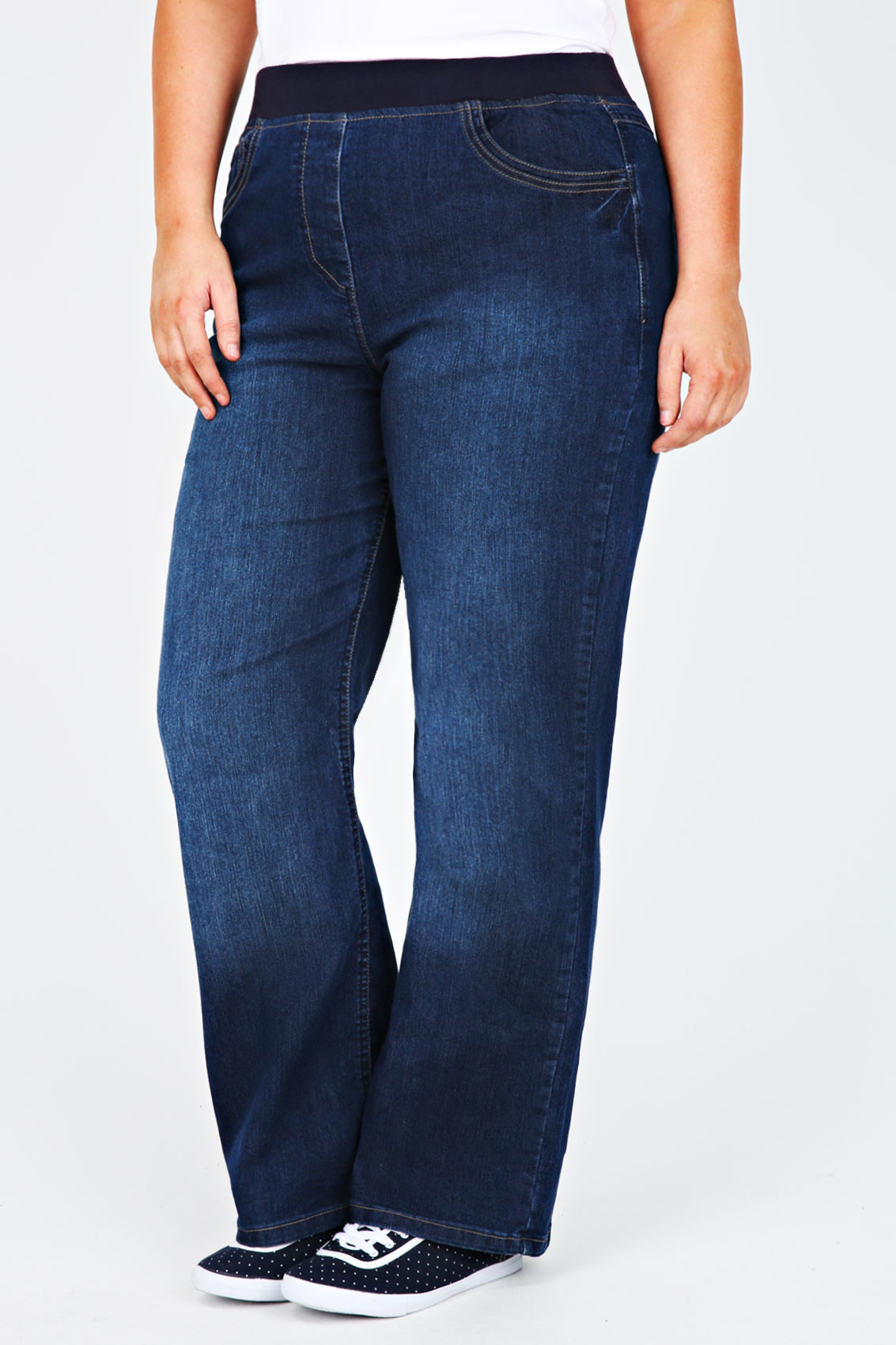 Indigo Wide Leg Slouch Pull On Jeans With Contrast Waistband plus size ...