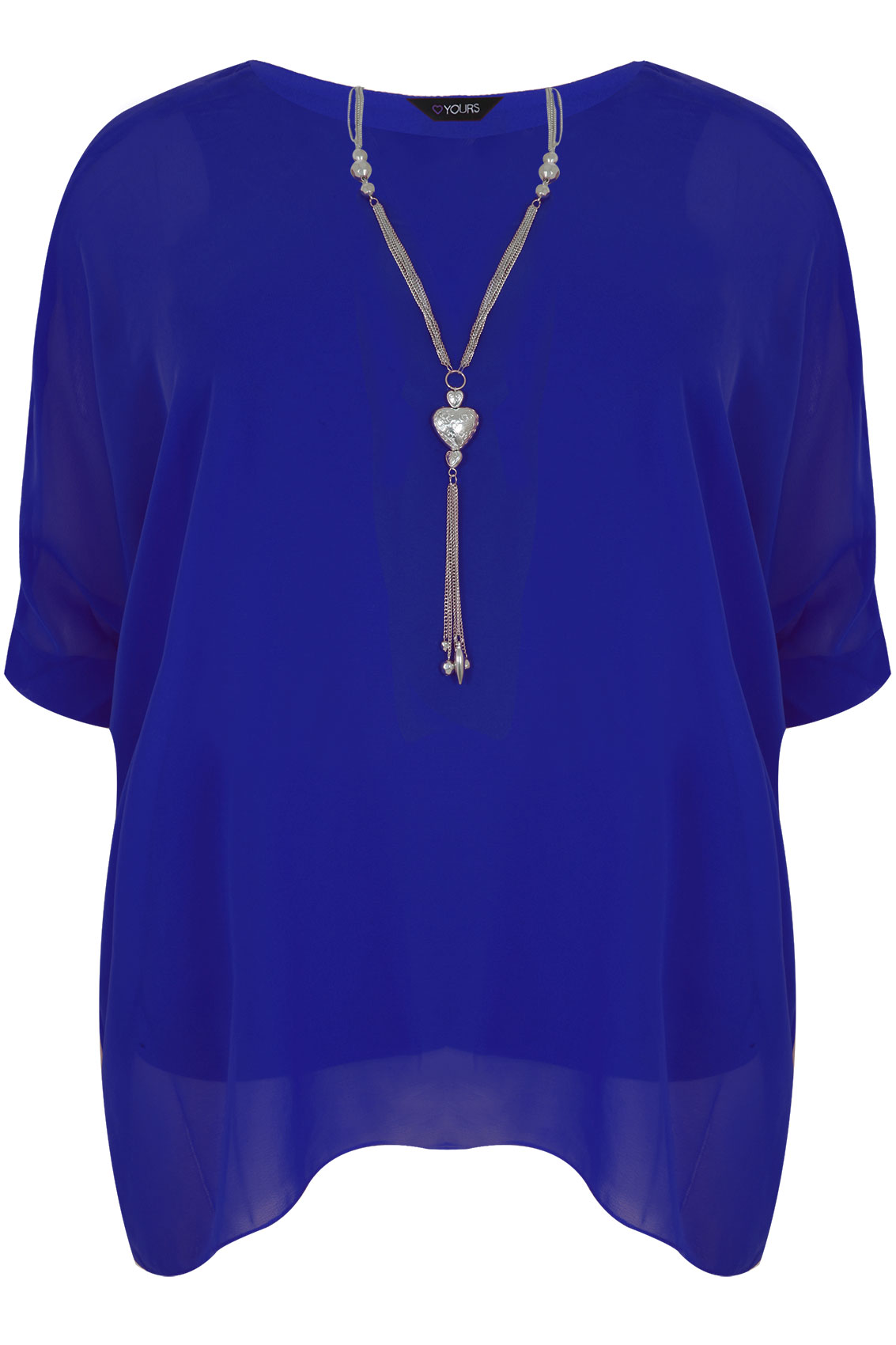 Blue Batwing Sleeve Chiffon Top With Necklace