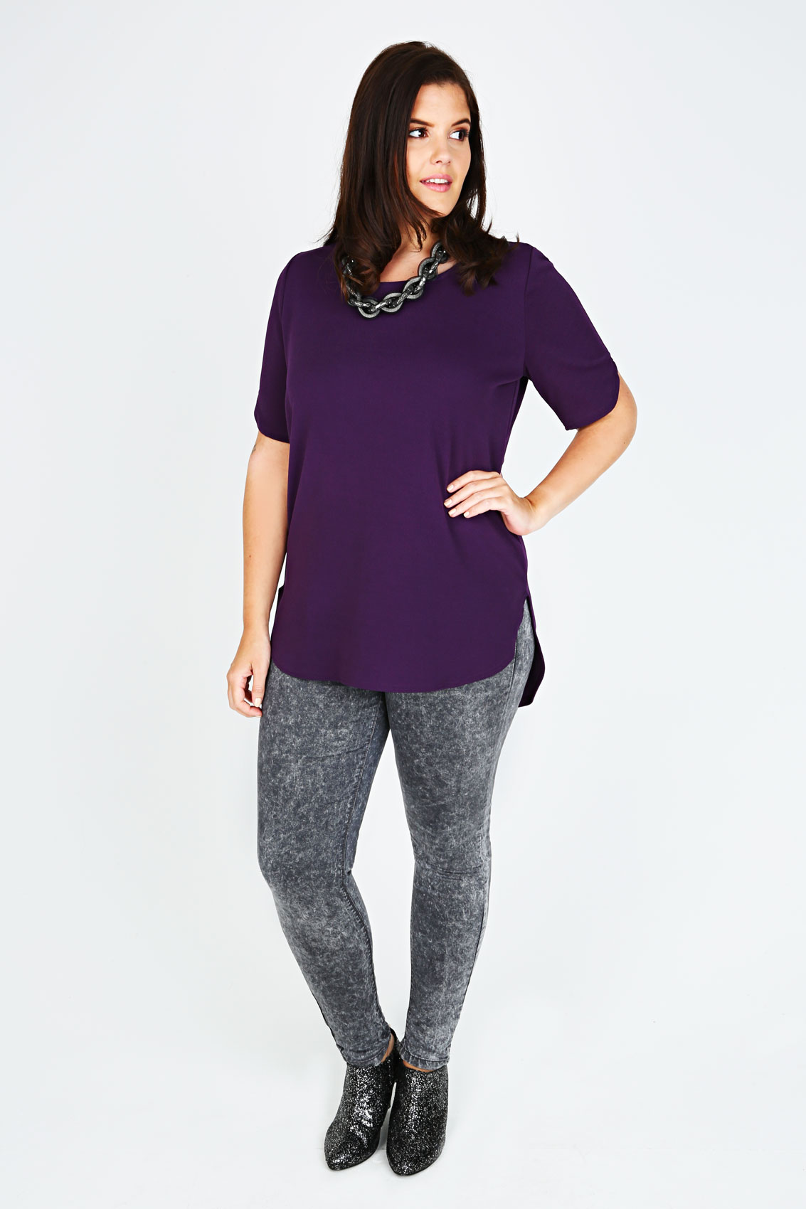 Purple Short Sleeve Textured Top With Dip Back Hem