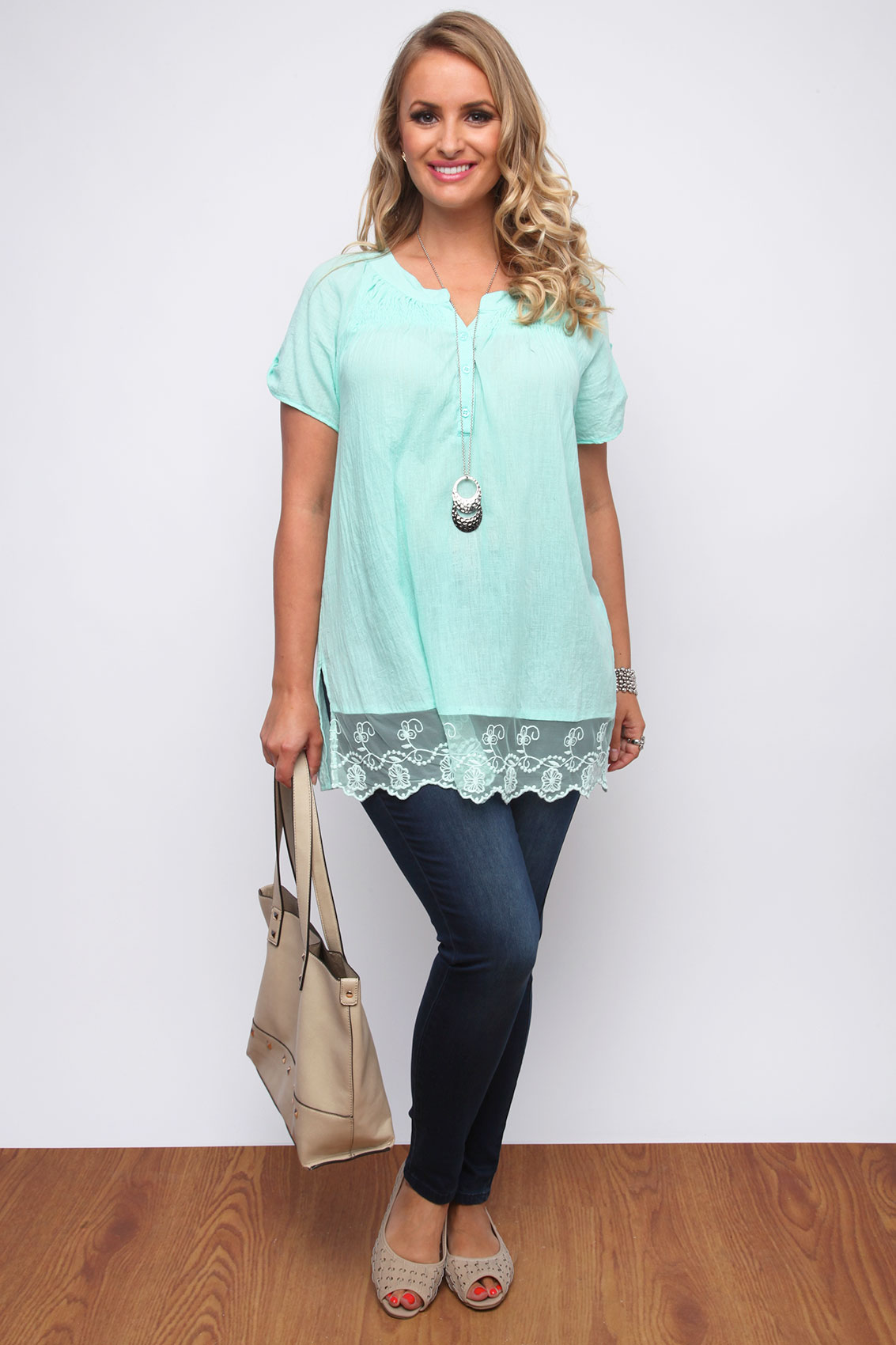 Mint Crinkle Cotton Gypsy Blouse With Floral Lace Trim plus size 16,18 ...