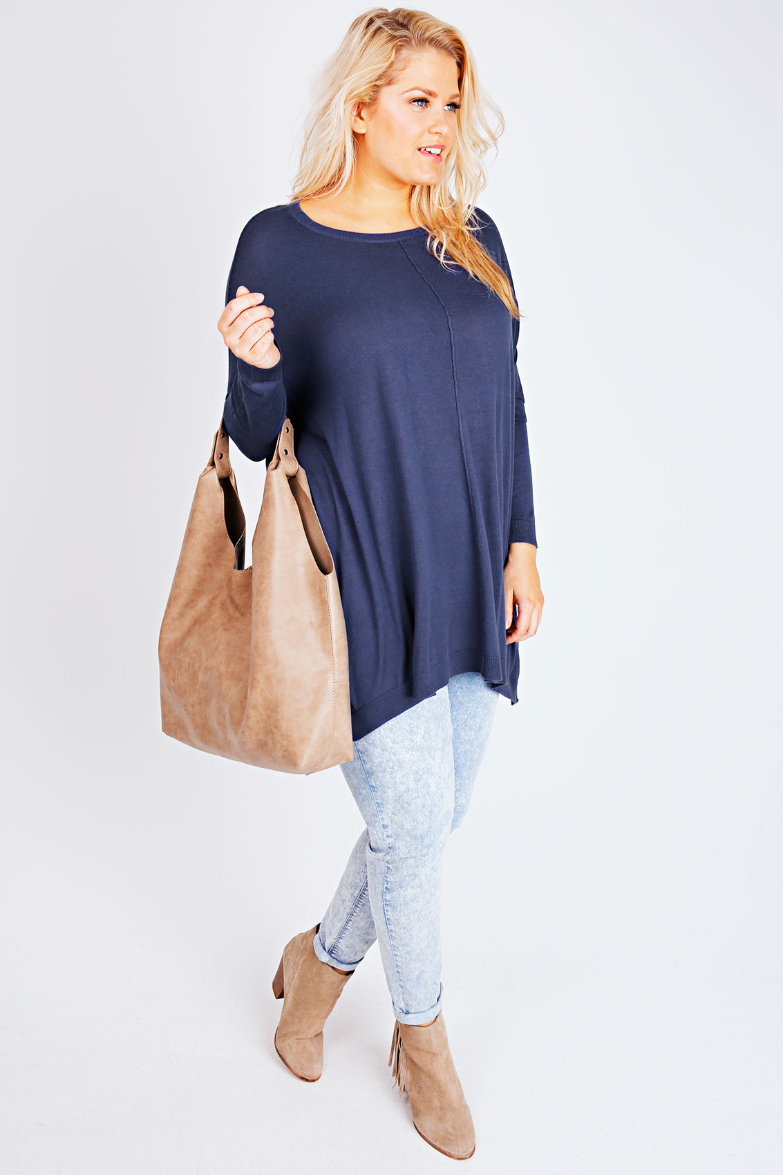 Blue Slouchy Jumper Dress with Side Slits