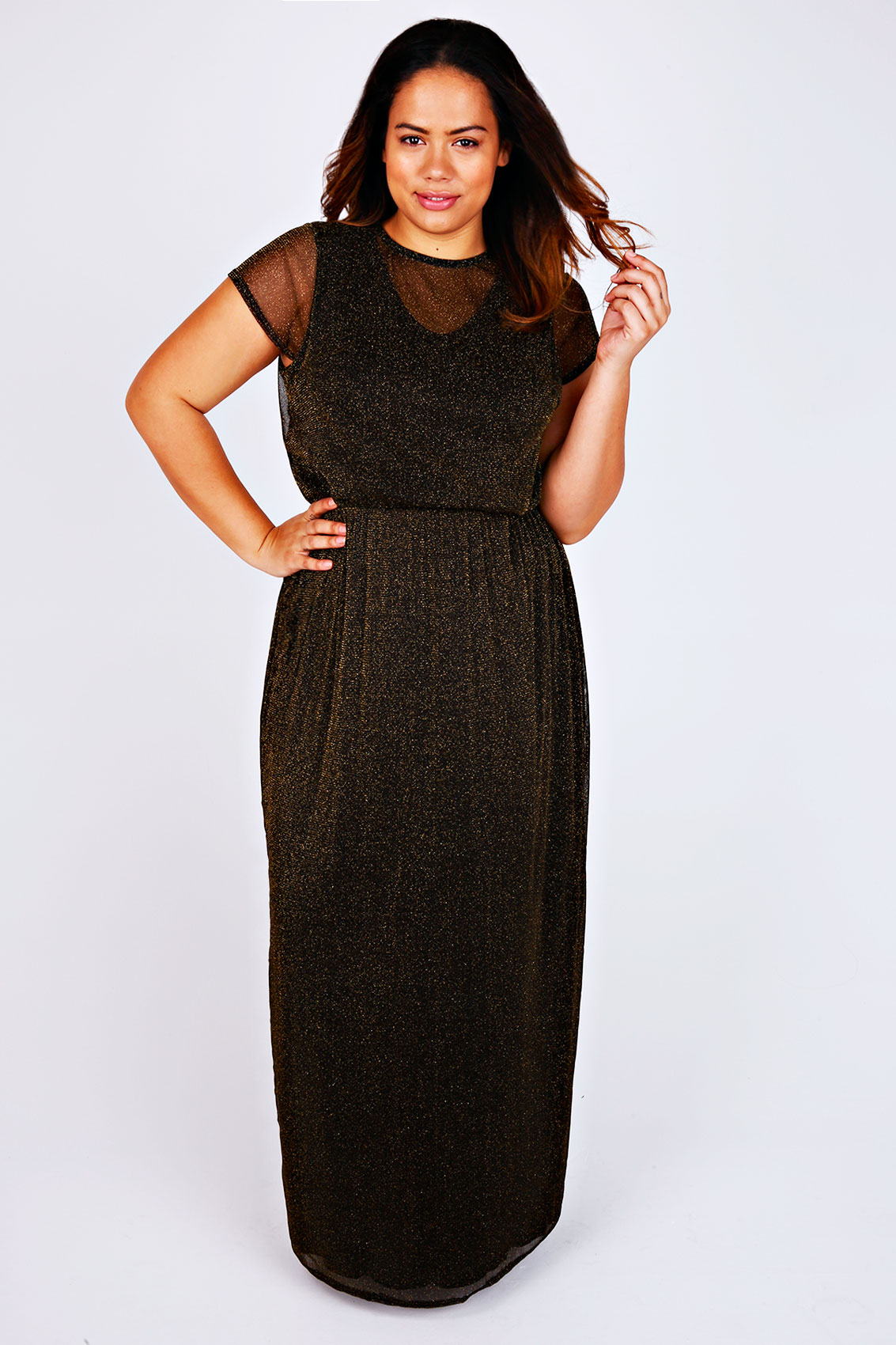 Black & Gold Metallic Thread Maxi Dress With Lace Overlay 