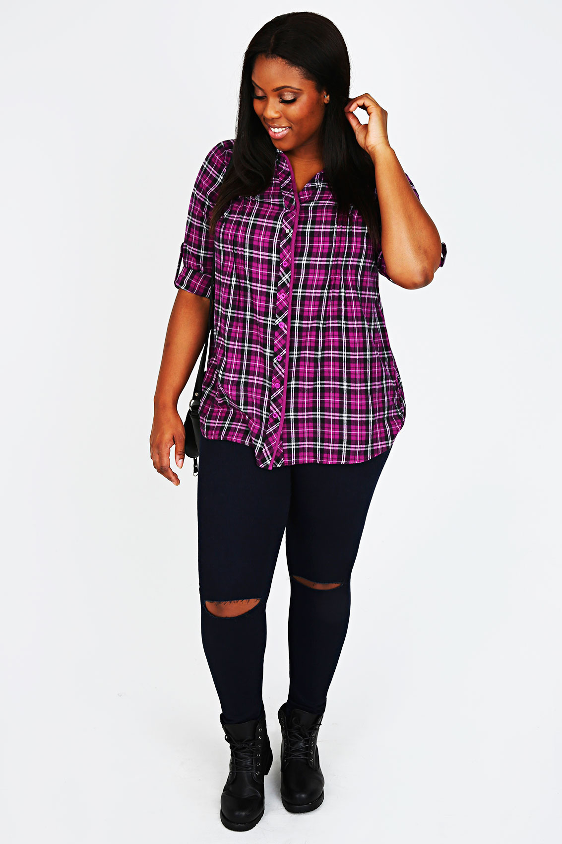 Purple, White & Black Checked Cotton Shirt With Pintuck Detail Plus ...