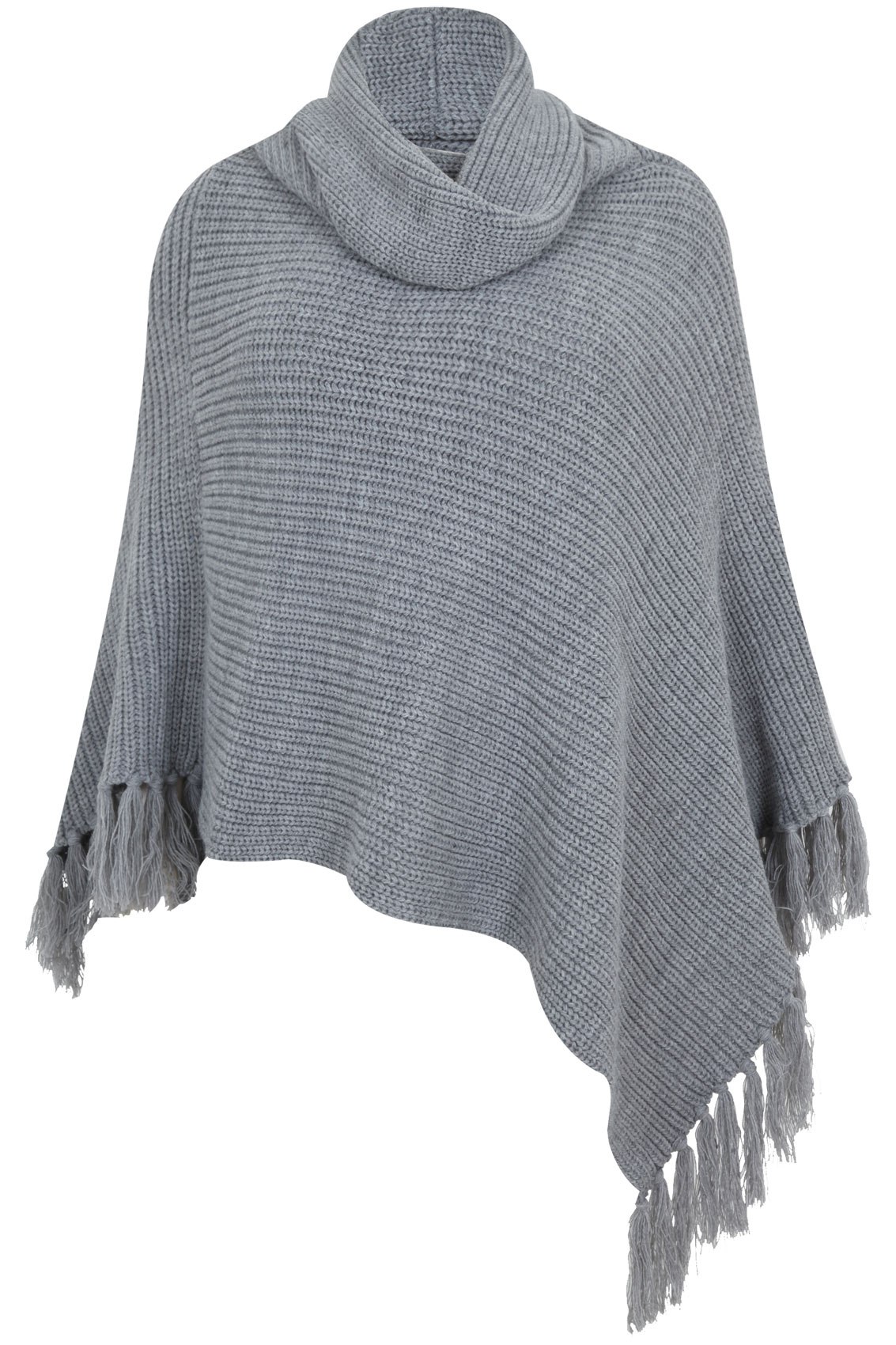 Grey Chunky Knit Cowl Neck Poncho With Tassels