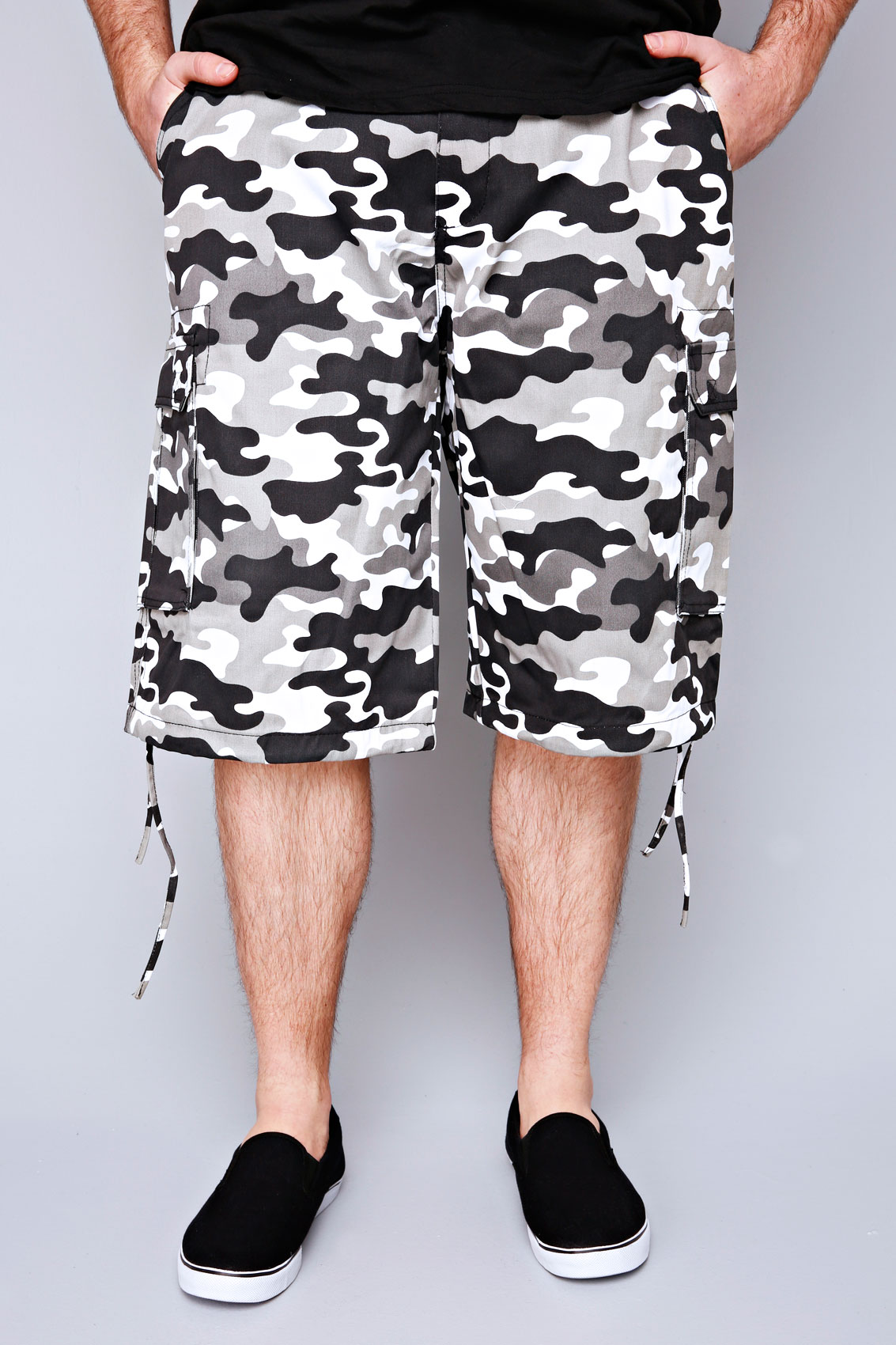 NOIZ Black & White Camo Print Cotton Cargo Shorts With Pockets Extra ...