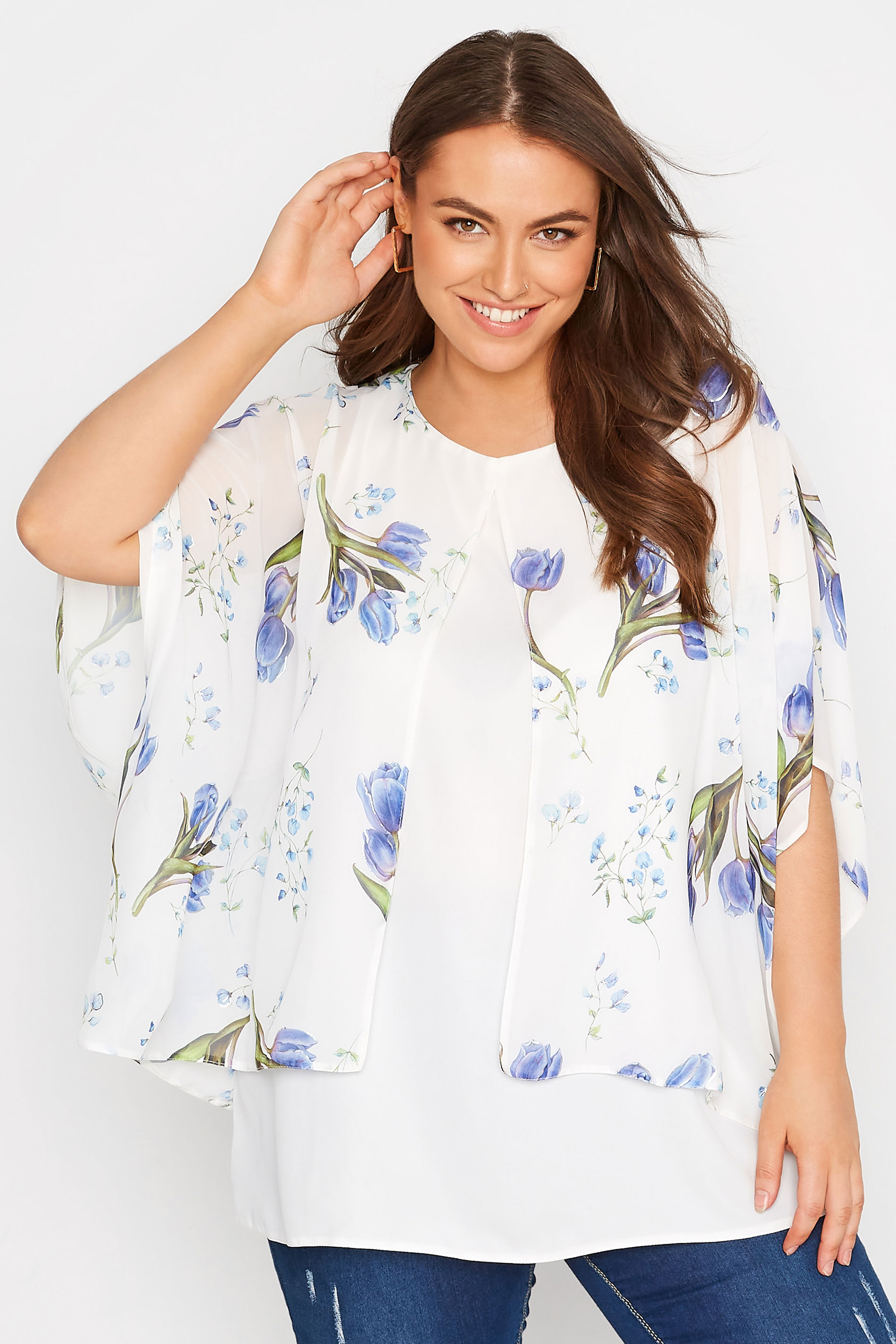 Curve White Floral Double Layered Blouse, Women's Curve & Plus Size, Yours product