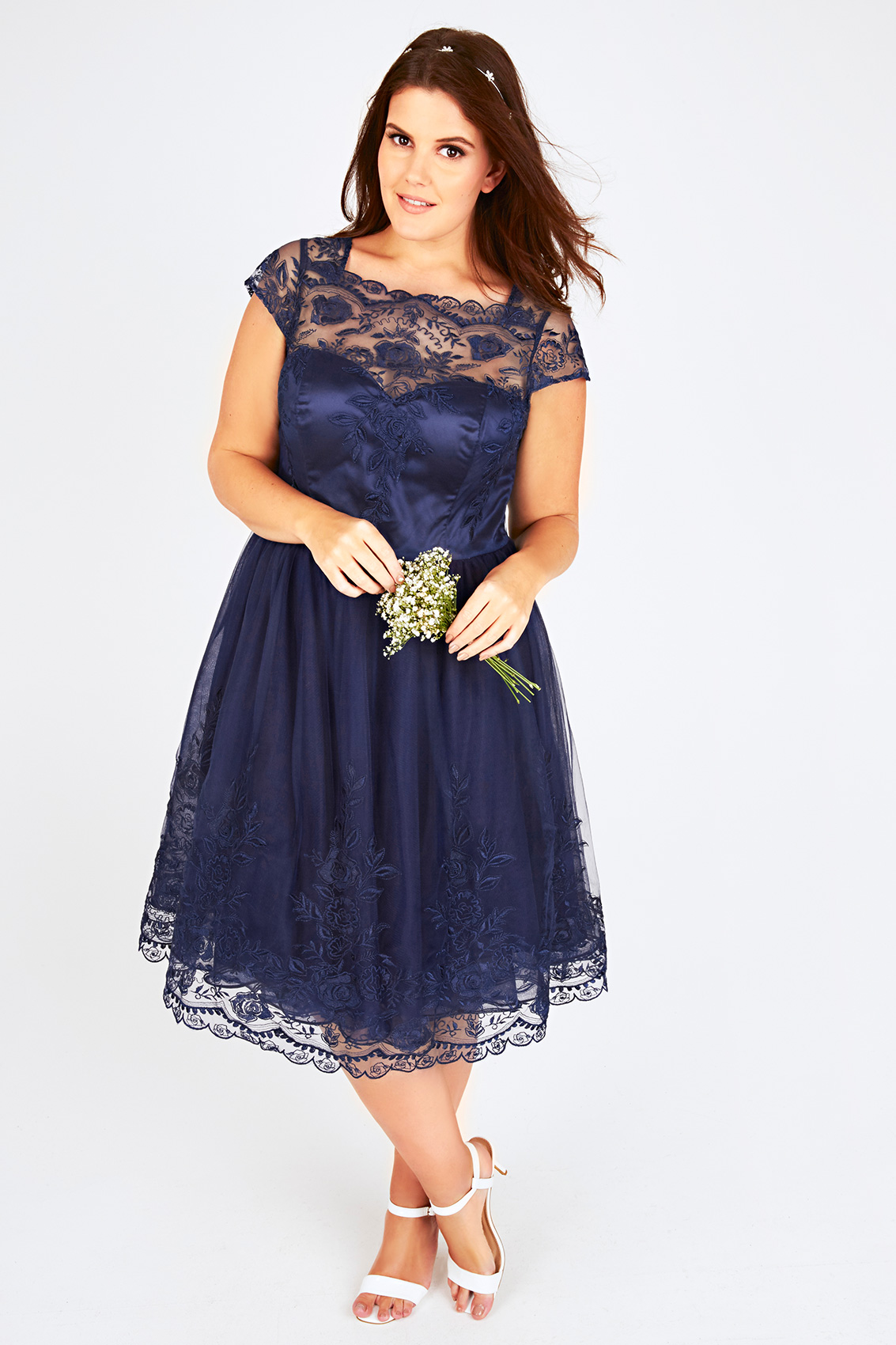 CHI CHI LONDON Navy Sweetheart Embroidered Mesh Party Dress plus size