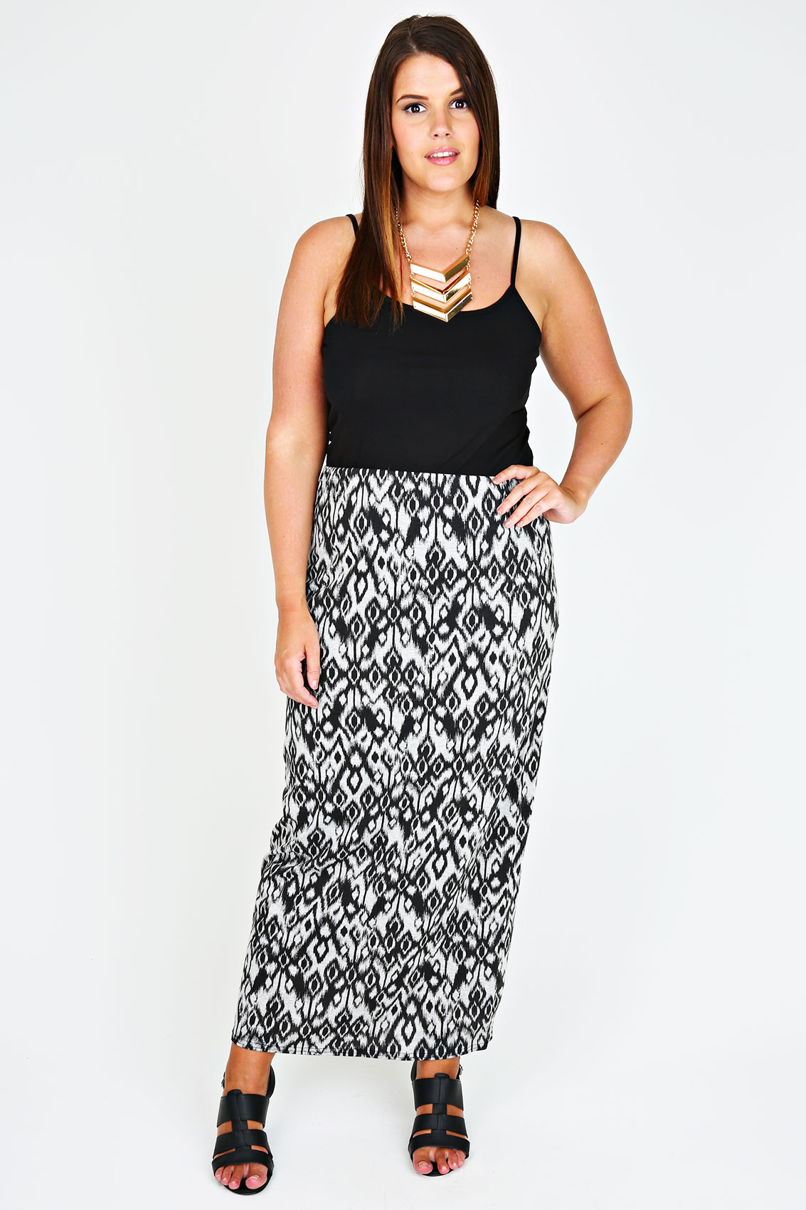 Black And Grey Aztec Print Maxi Tube Skirt Plus Size 14 To 32