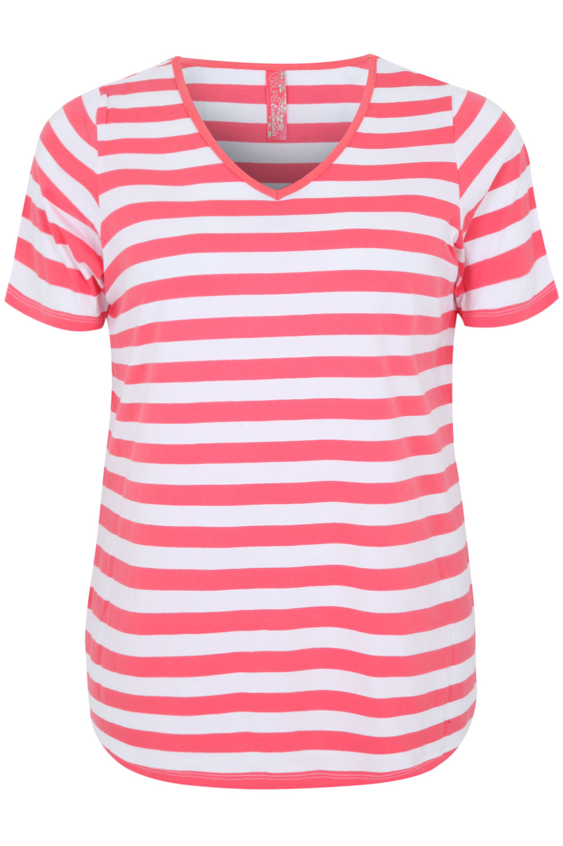 Coral And White Stripe Short Sleeved V-Neck T-shirt Plus size 16,18,20 ...