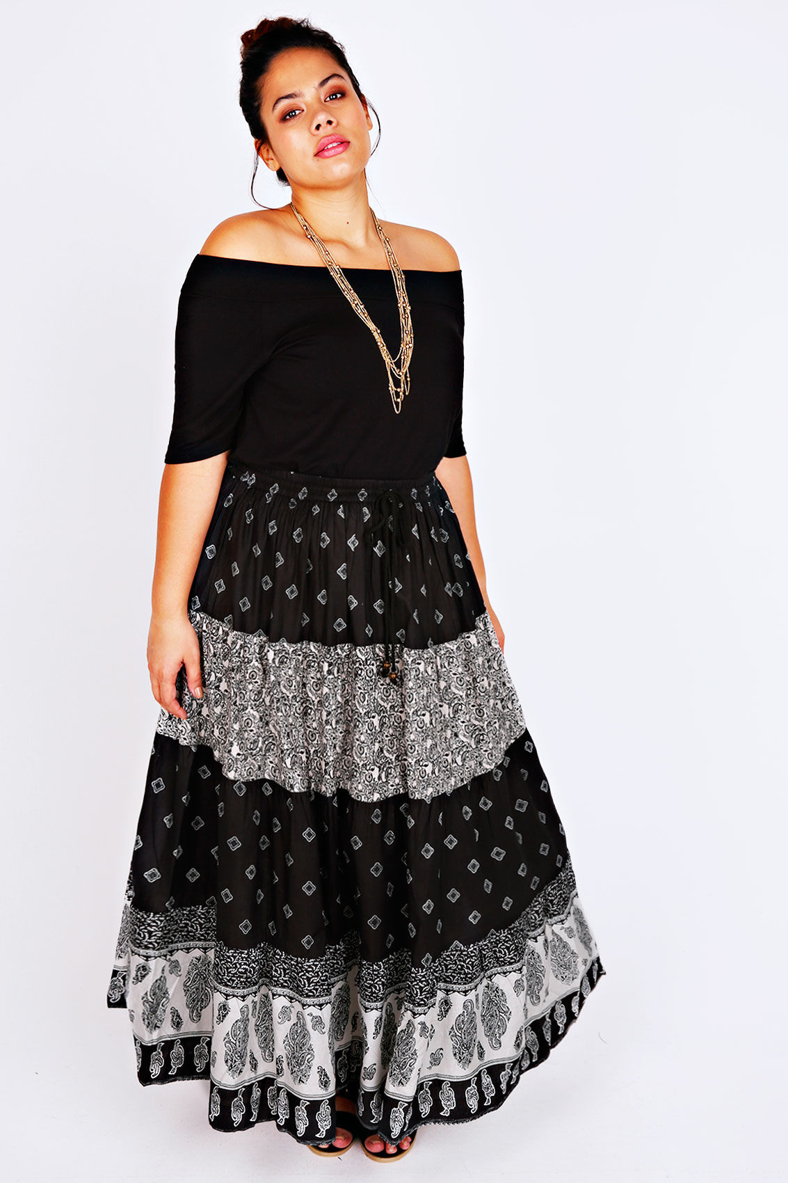 Black & White Paisley Print Gypsy Maxi Skirt Plus size Plus Size 14 to 36