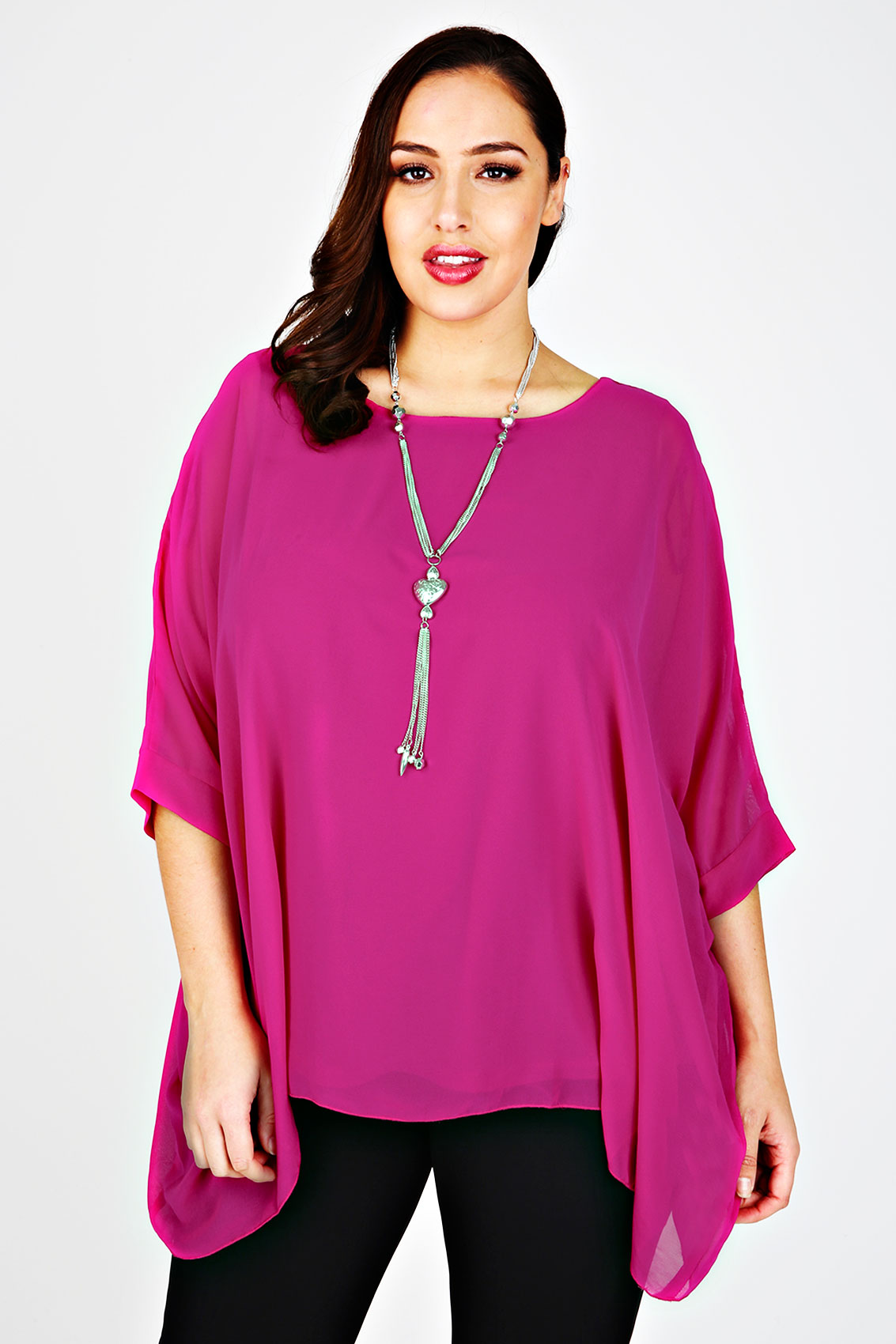 Pink Batwing Sleeve Chiffon Top With Necklace
