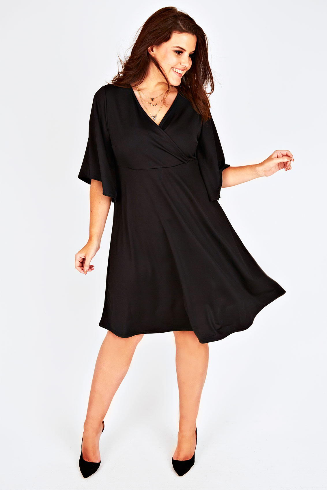 Black Crepe Wrap Front Dress With Flared Short Sleeves Plus Size 14 to 28