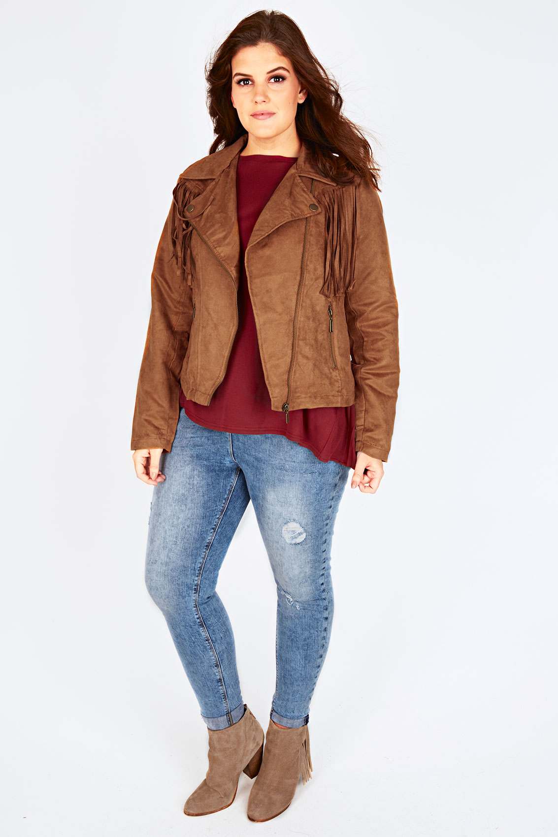 Tan Suedette Biker Jacket With Fringing Detail Plus Size 16 to 32