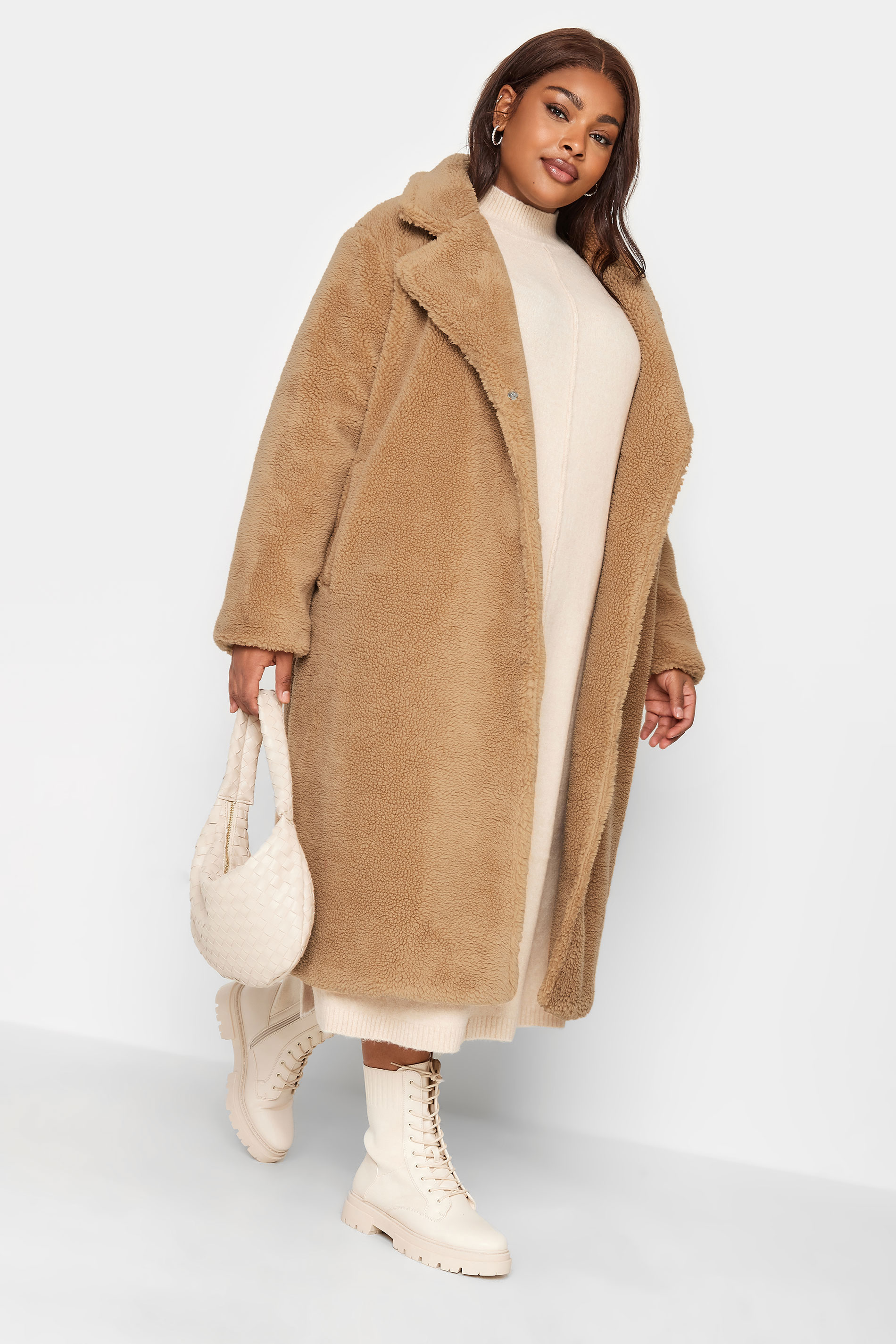 Yours Curve Camel Brown Borg Maxi Coat, Women's Curve & Plus Size, Yours product