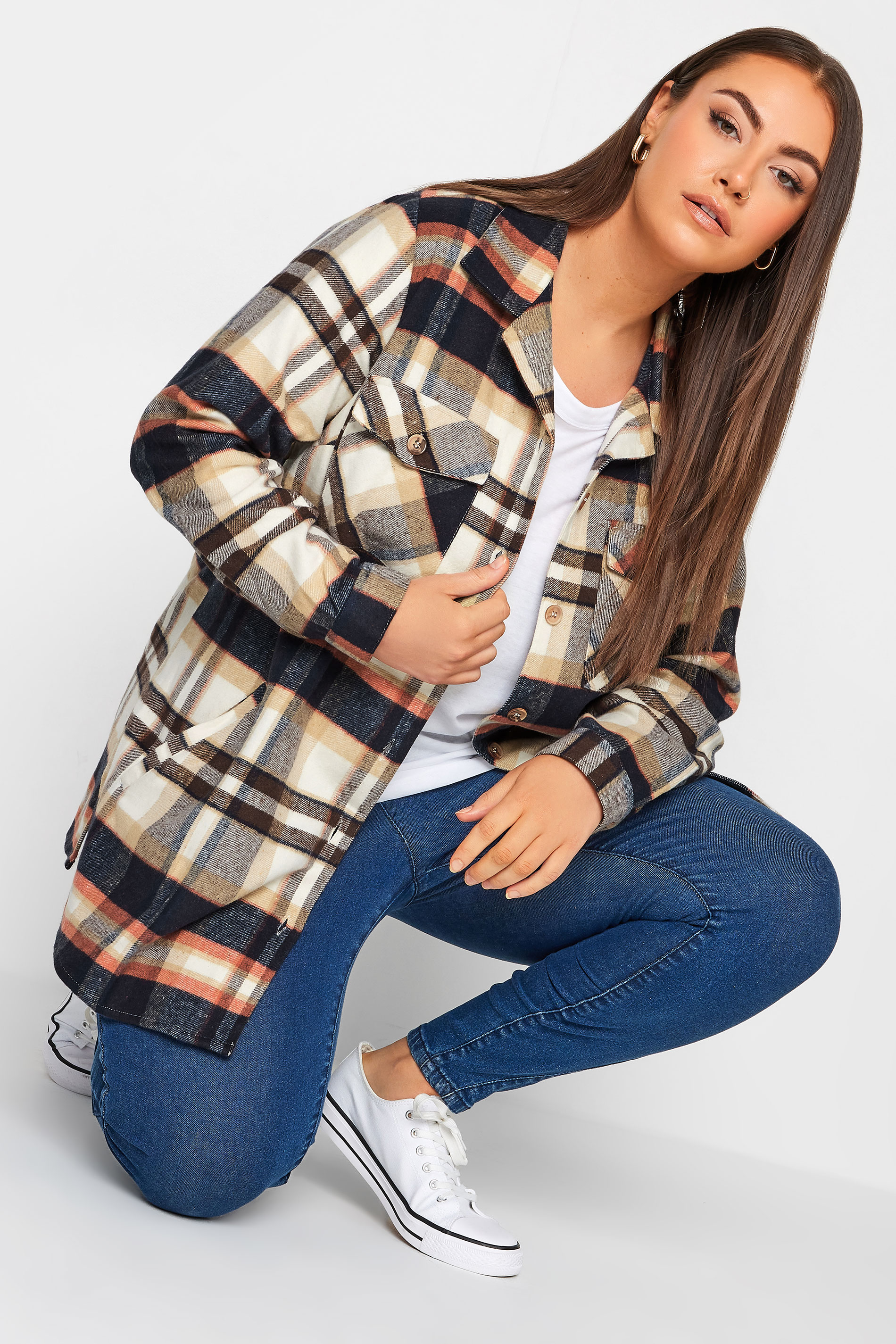 Yours Curve Beige Brown Check Print Shacket, Women's Curve & Plus Size, Yours