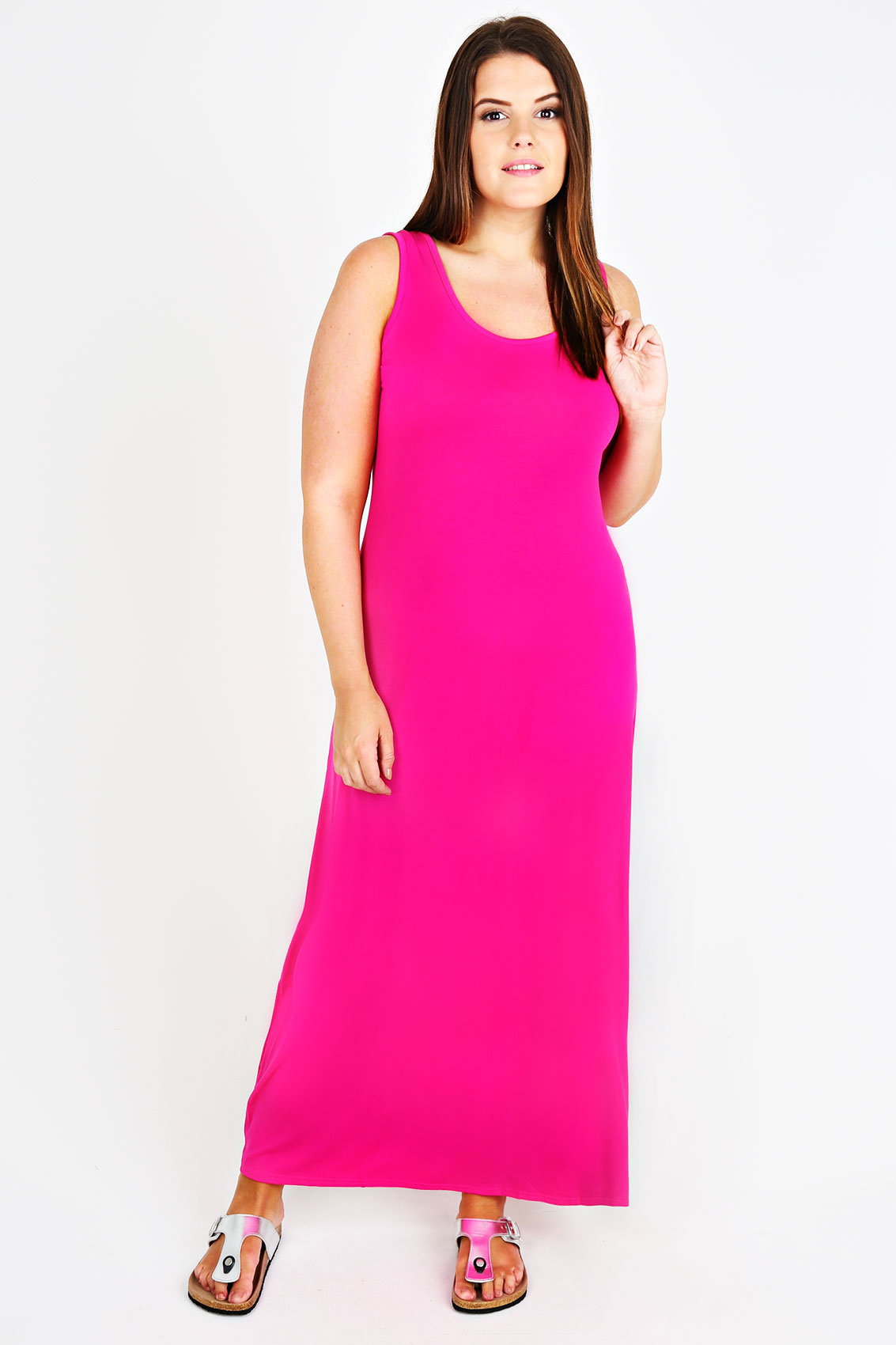 Cerise Pink Plain Sleeveless Maxi Dress plus Size 14 to 36