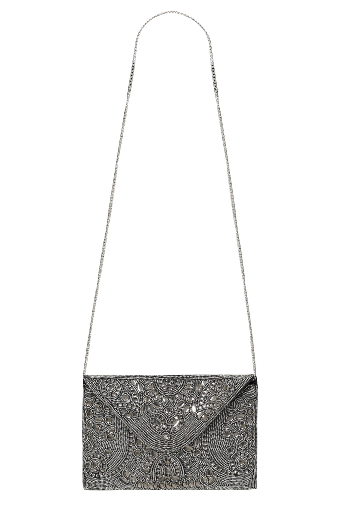 Silver Hand Beaded Occasion Clutch Bag With Chain Strap