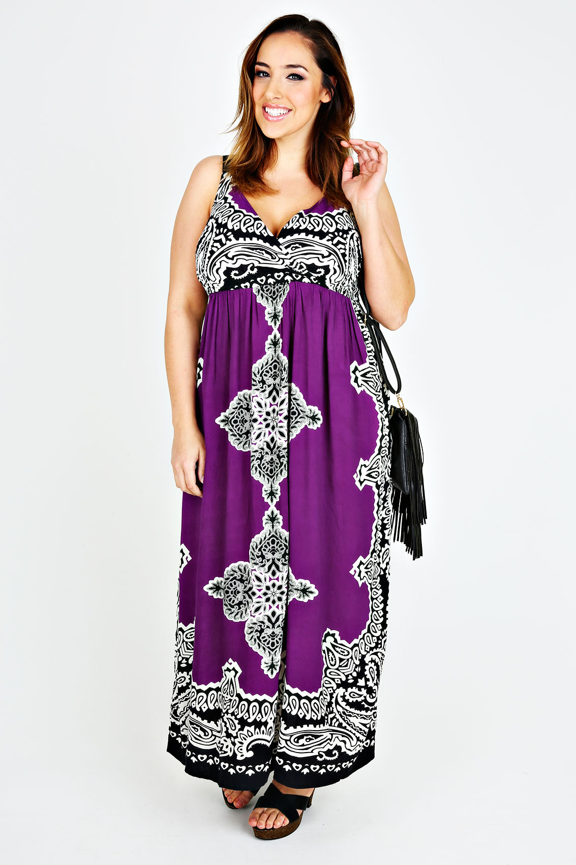 Purple Paisley Pattern V-neck Maxi Dress Plus Size 14 to 32