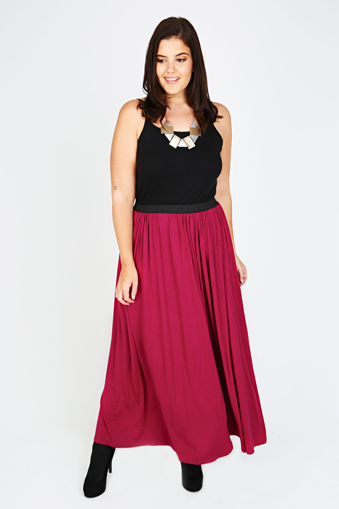 Dark Pink Maxi Skirt With Elasticated Waistband plus Size 14 to 32