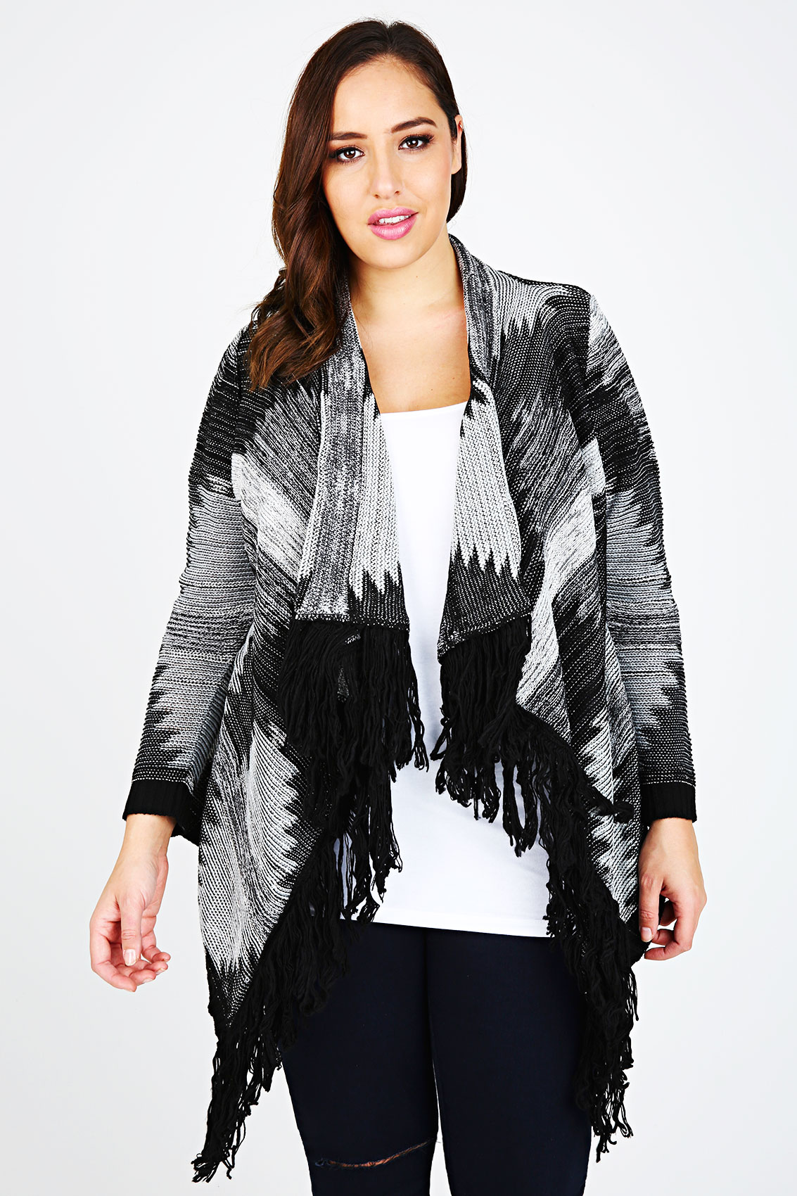 Black & White Aztec Stitch Waterfall Cardigan With Fringe Front Detail ...