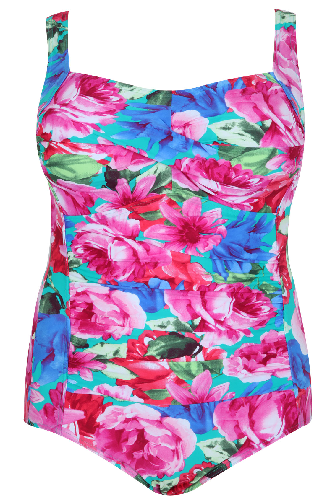 Pink Multi Floral Print Swimsuit With With Ruched Twist Bust plus Size ...