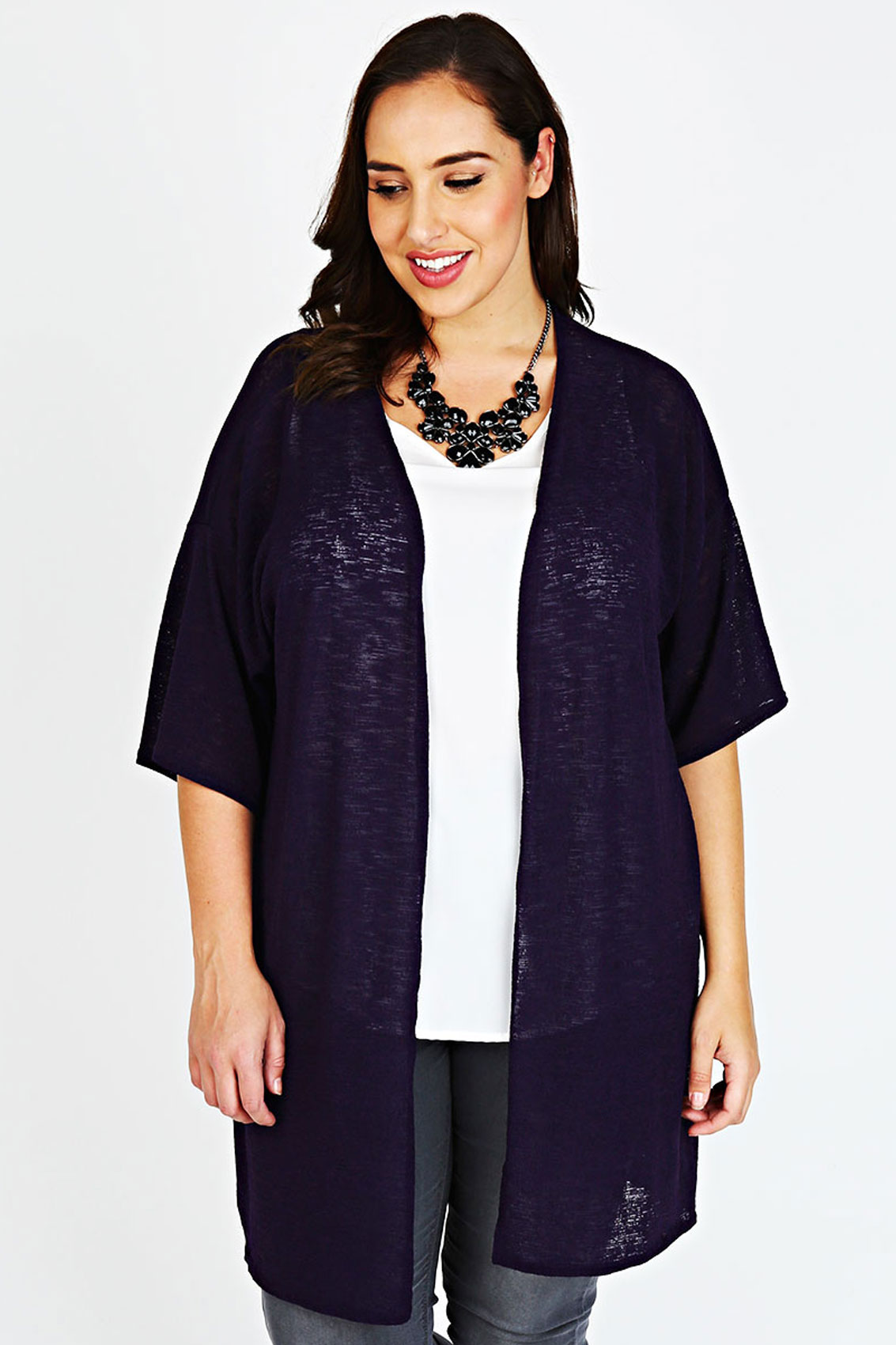 Purple Longline Knitted Cardigan With Short Sleeves