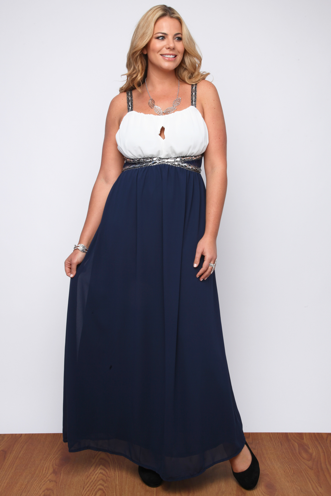 Navy And White Chiffon Maxi Dress With Sequin Detail plus size 16,18,20 ...