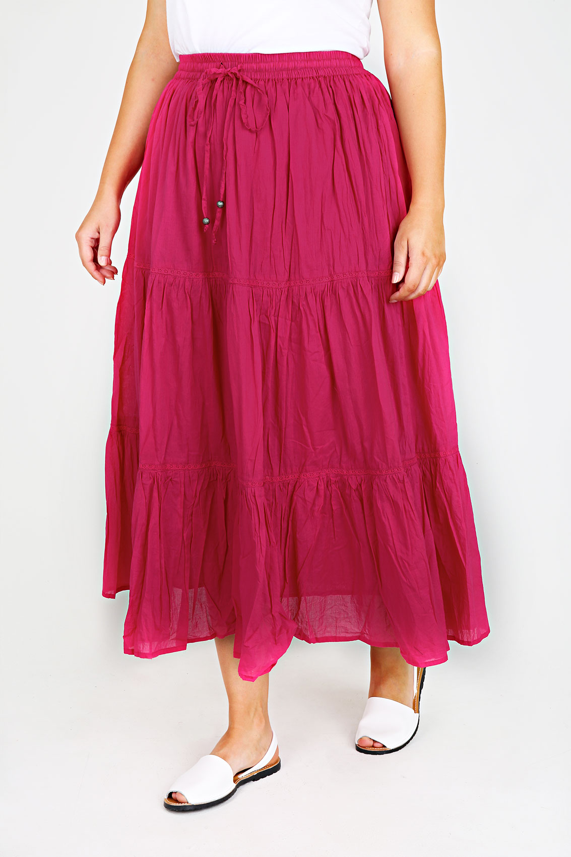 Magenta Cotton Voile Maxi Skirt With Crochet Detail Plus Size 16 to 36