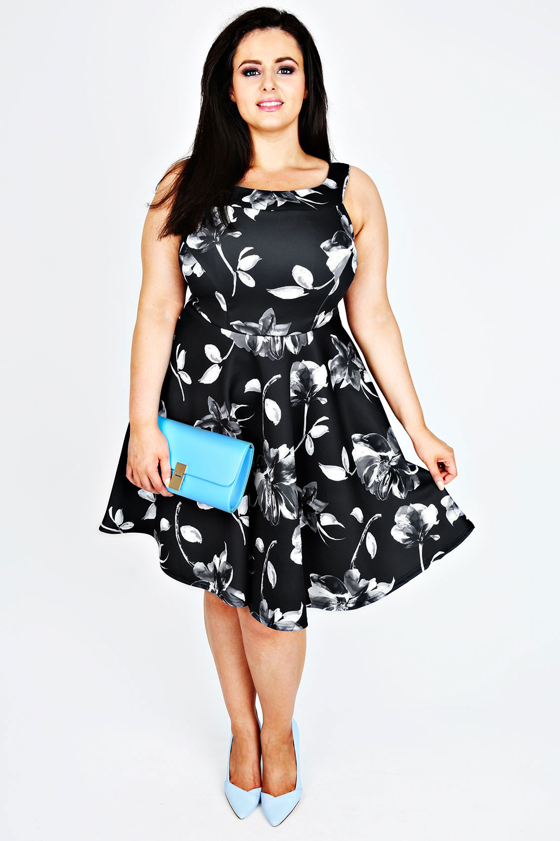 round neck abstract print floral printed skater dress