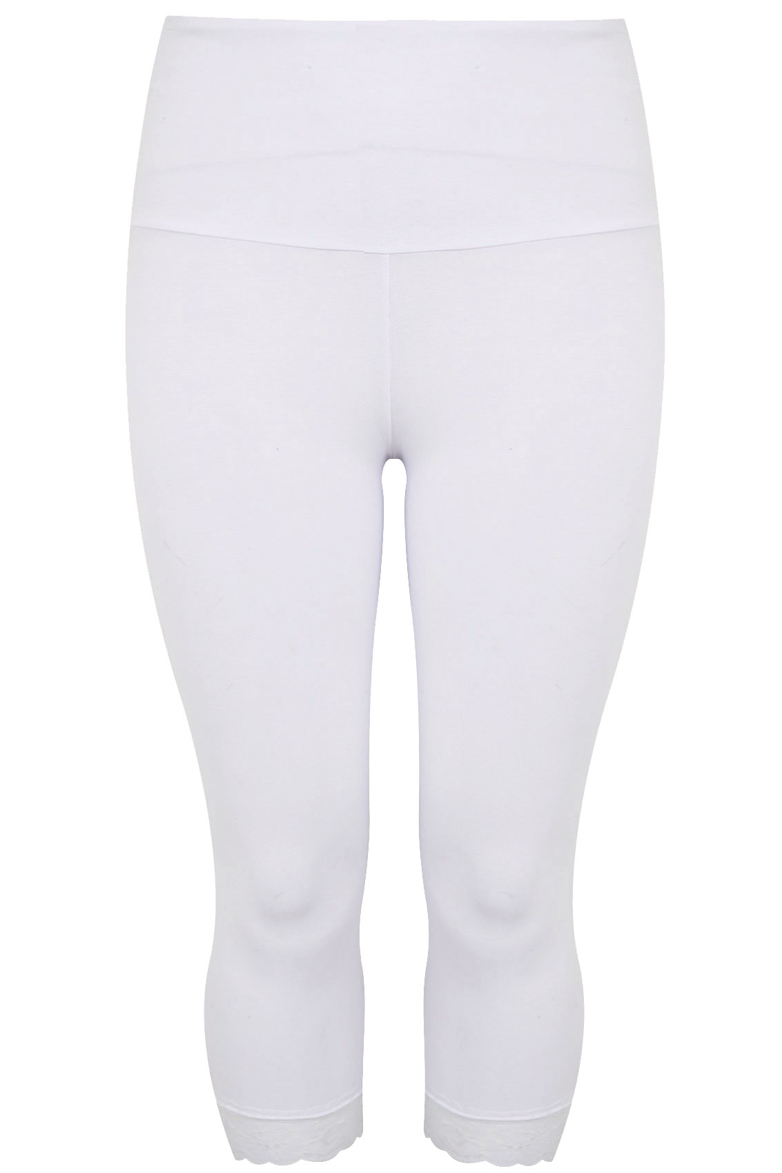 White TUMMY CONTROL Cropped Leggings With Lace Trim Plus Size 14, 16,18,20,22,24,26,28 ...