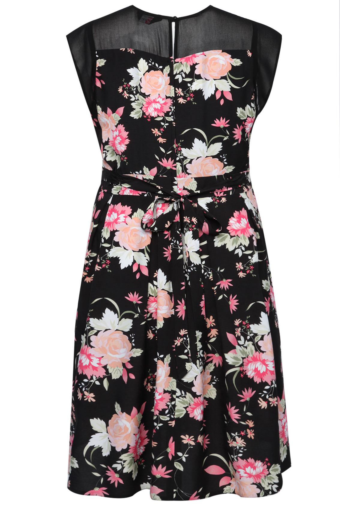 Black And Pink Floral Print Midi Dress With Mesh Insert plus size 16,18 ...