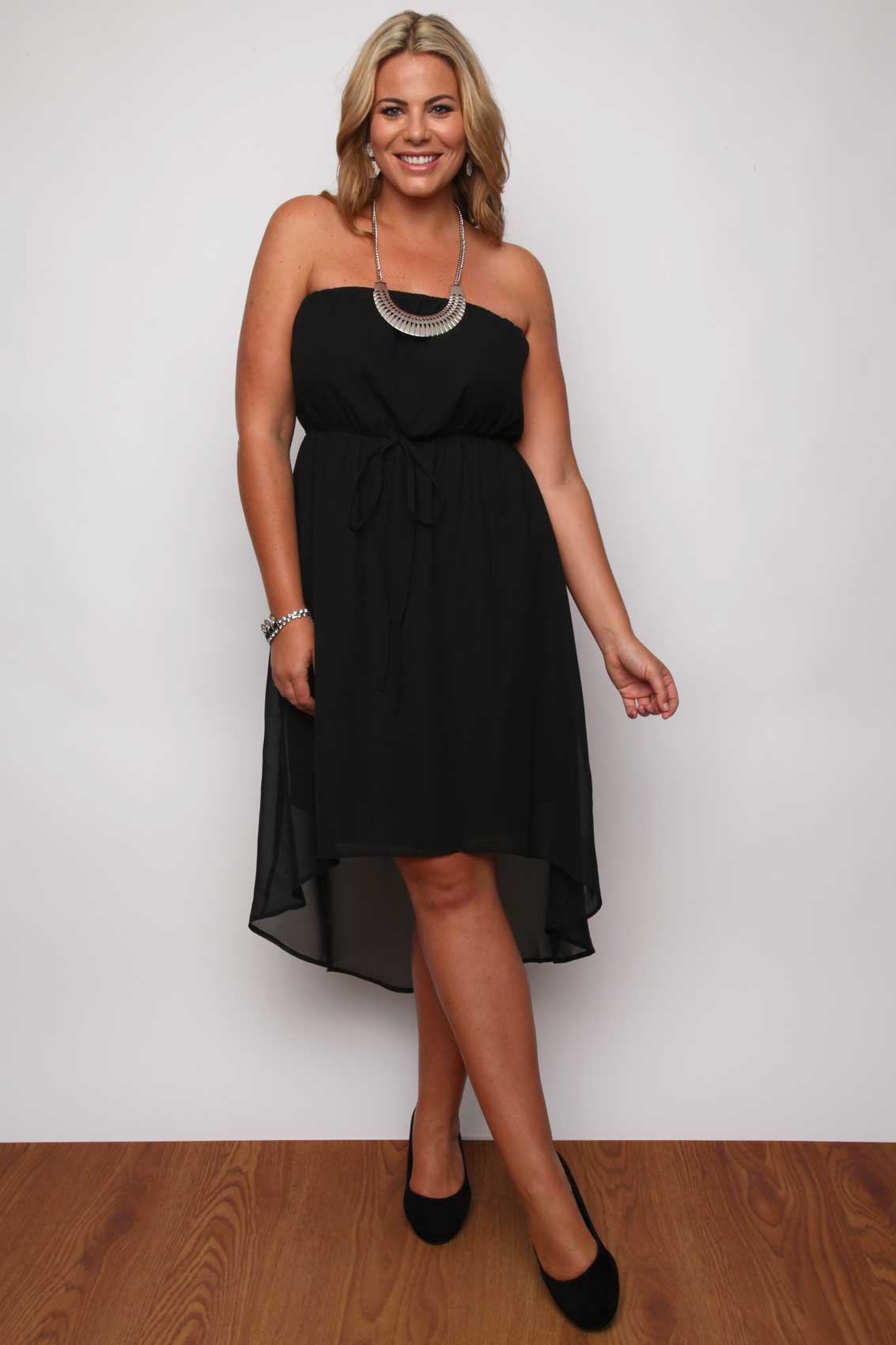 Black Strapless Bandeau Dress With Sheer Dipped Hem plus size 16,18,20 ...