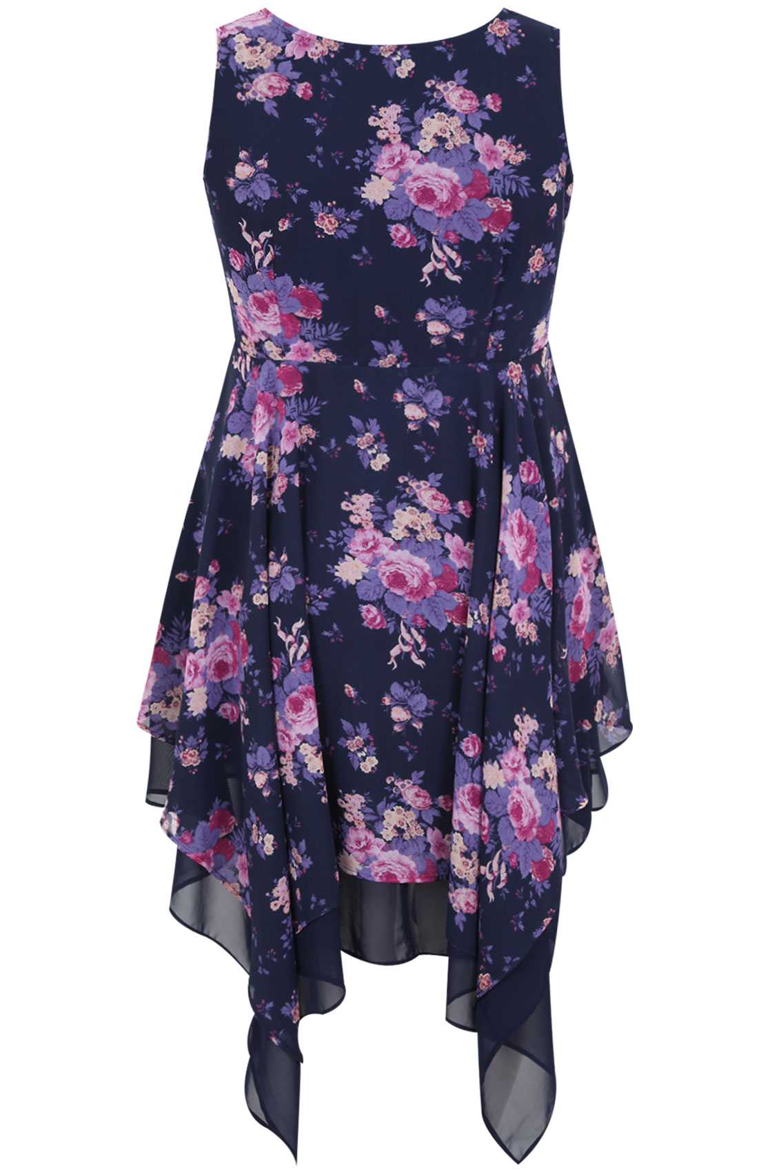 Navy & Purple Sleeveless Floral Print Hanky Hem Dress Plus Size 14 to 32
