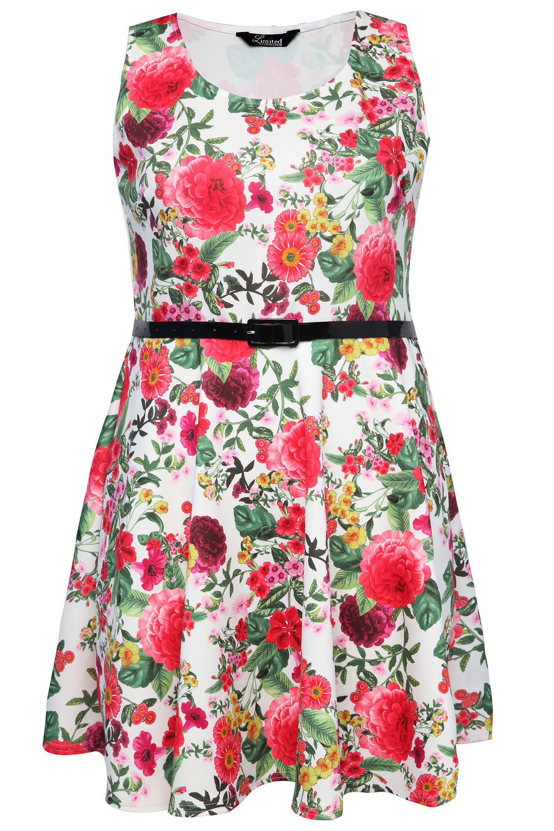 Pink And White Floral Print Skater Dress With Black Patent Belt plus ...