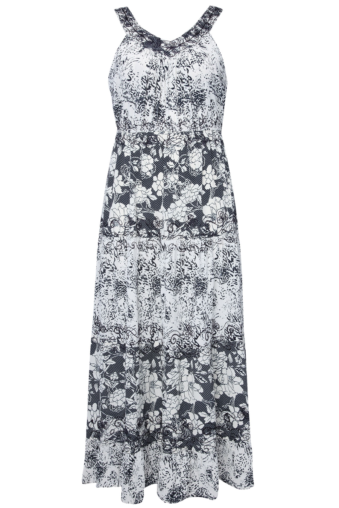 Navy And White Mono Floral Print Embroidered Crepe Maxi Dress plus size ...