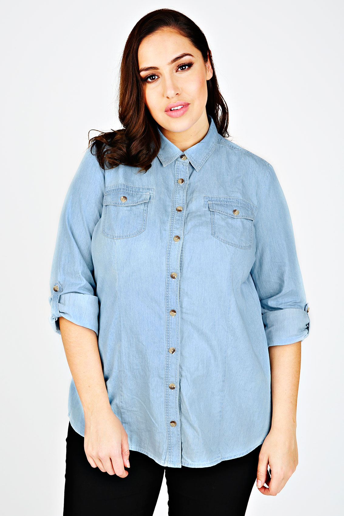 Light Blue Denim Shirt With Shell Buttons Plus size 16,18,20,22,24,26