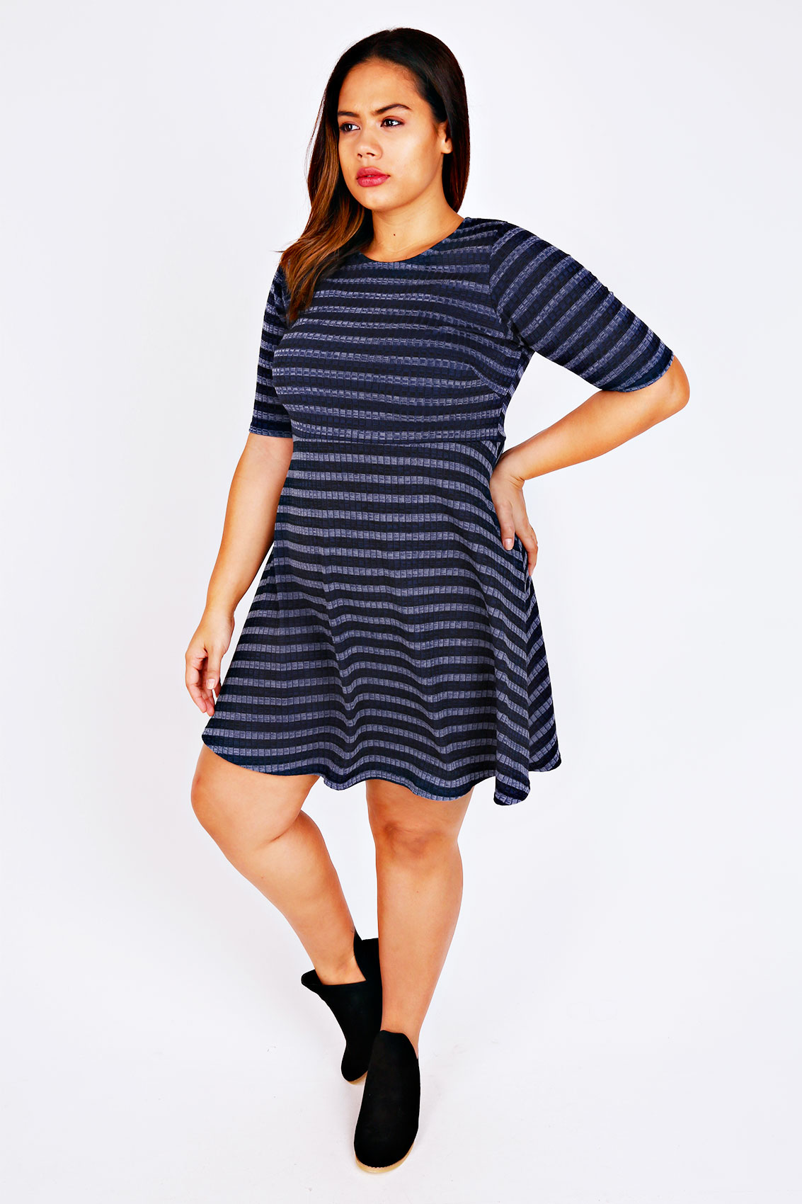 Blue Mix Twisted Yarn Striped Skater Dress With Short Sleeves Plus size ...