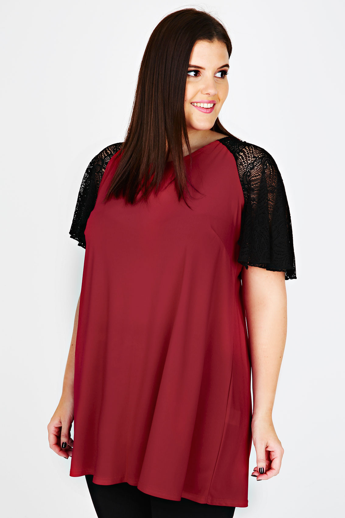 Red Longline Top With Black Lace Sleeves Plus Size 16 to 32