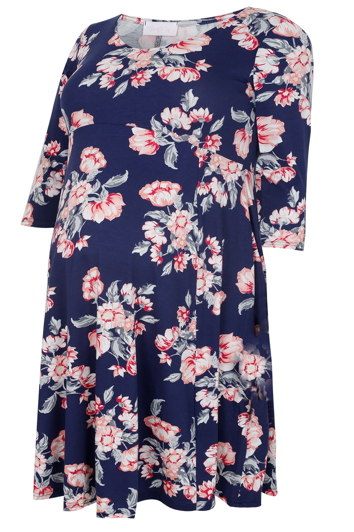 BUMP IT UP MATERNITY Navy & Peach Floral Print Dress With Half Sleeves ...