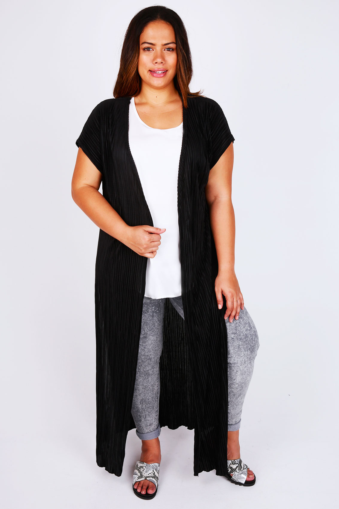 Black Pleated Maxi Cardigan With Side Slits Plus Size 14 to 32