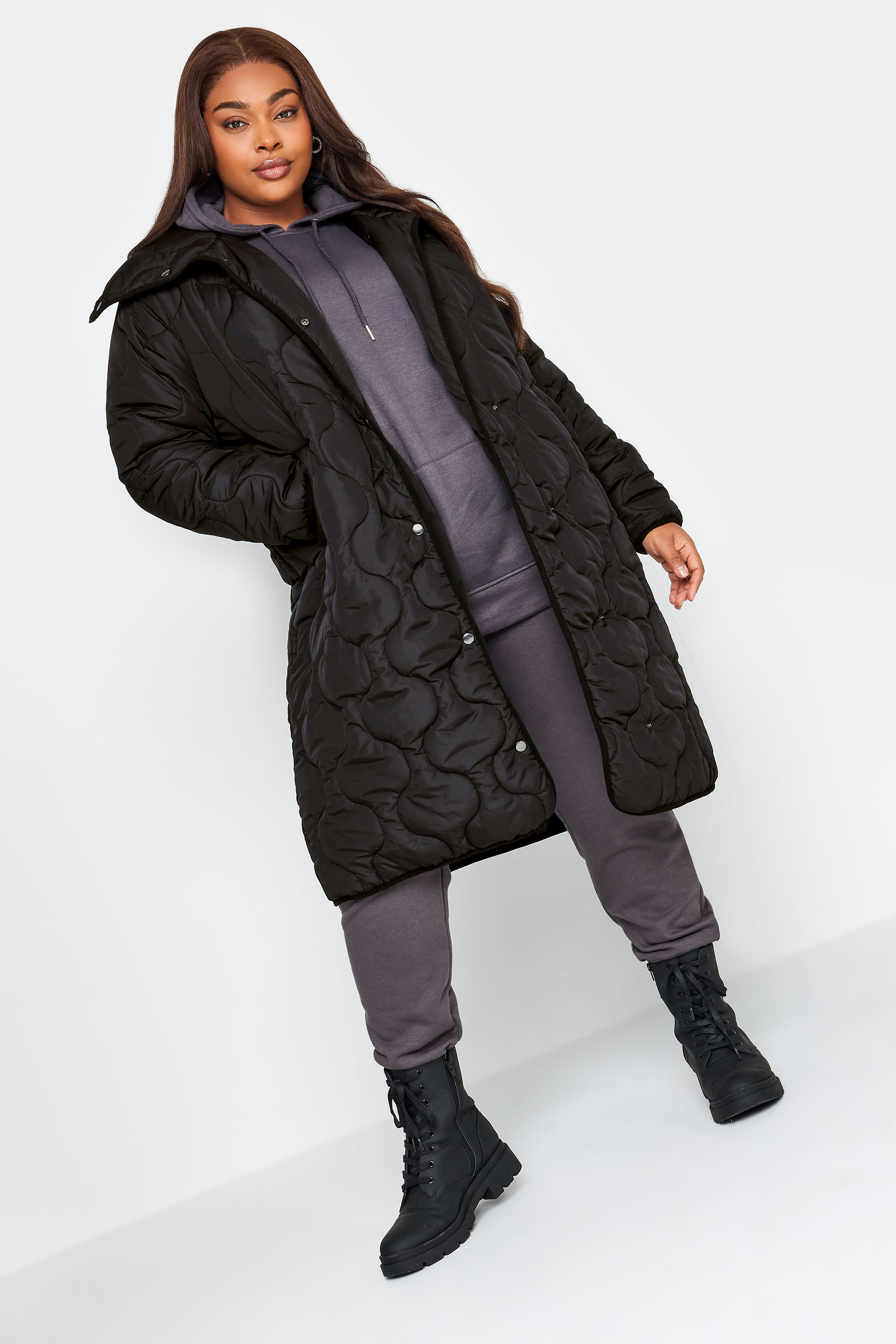 Yours Curve Black Quilted Funnel Neck Coat, Women's Curve & Plus Size, Yours