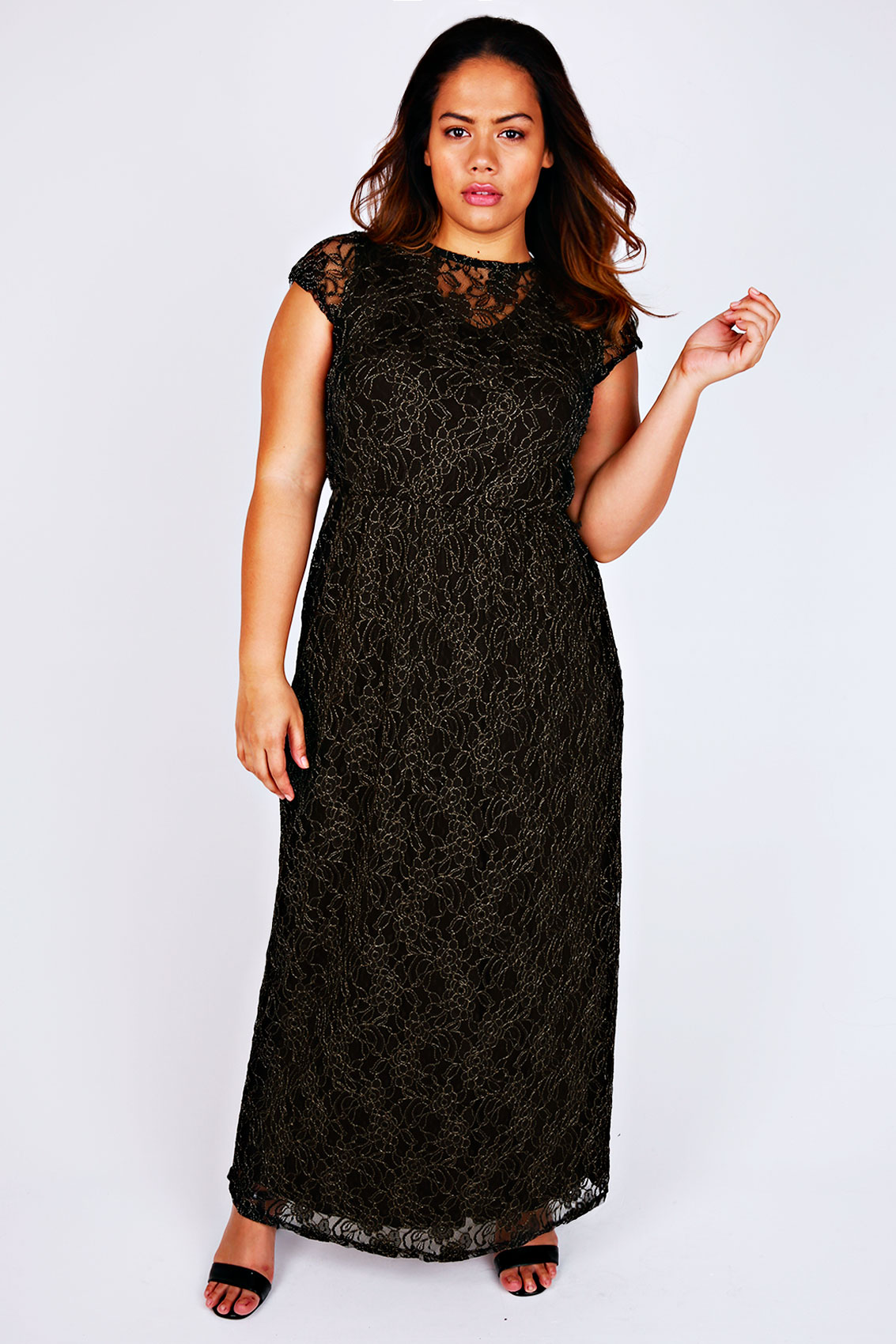 Black & Gold Maxi Dress With Floral Lace Overlay Plus Size 14 to 32