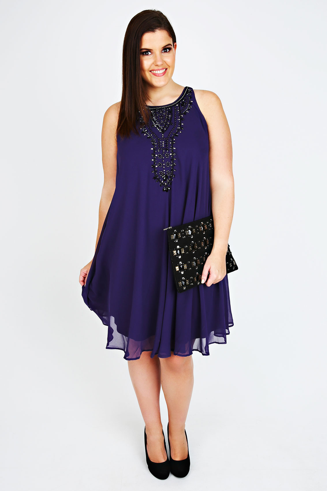 Purple Chiffon Sleeveless Swing Dress With Black Bead Embellishment
