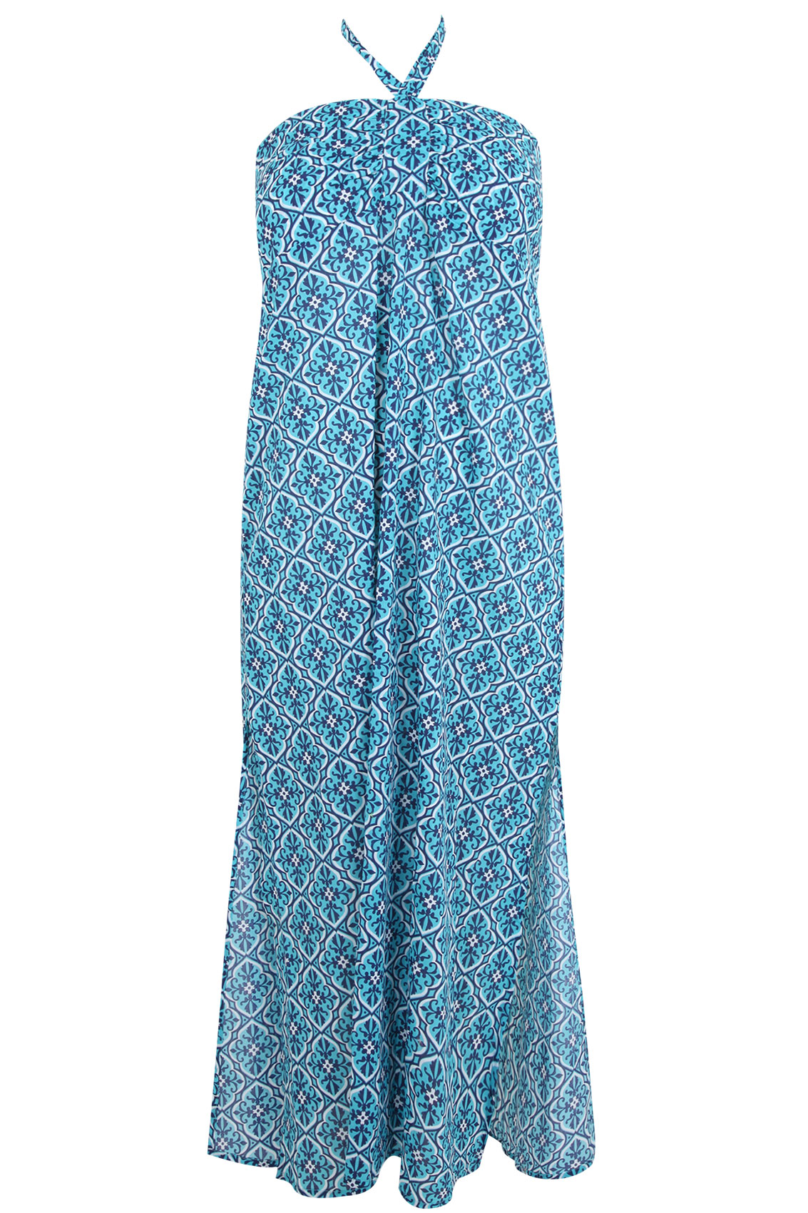 Turquoise Halter Neck Tile Print Maxi Dress plus Size 16 to 32