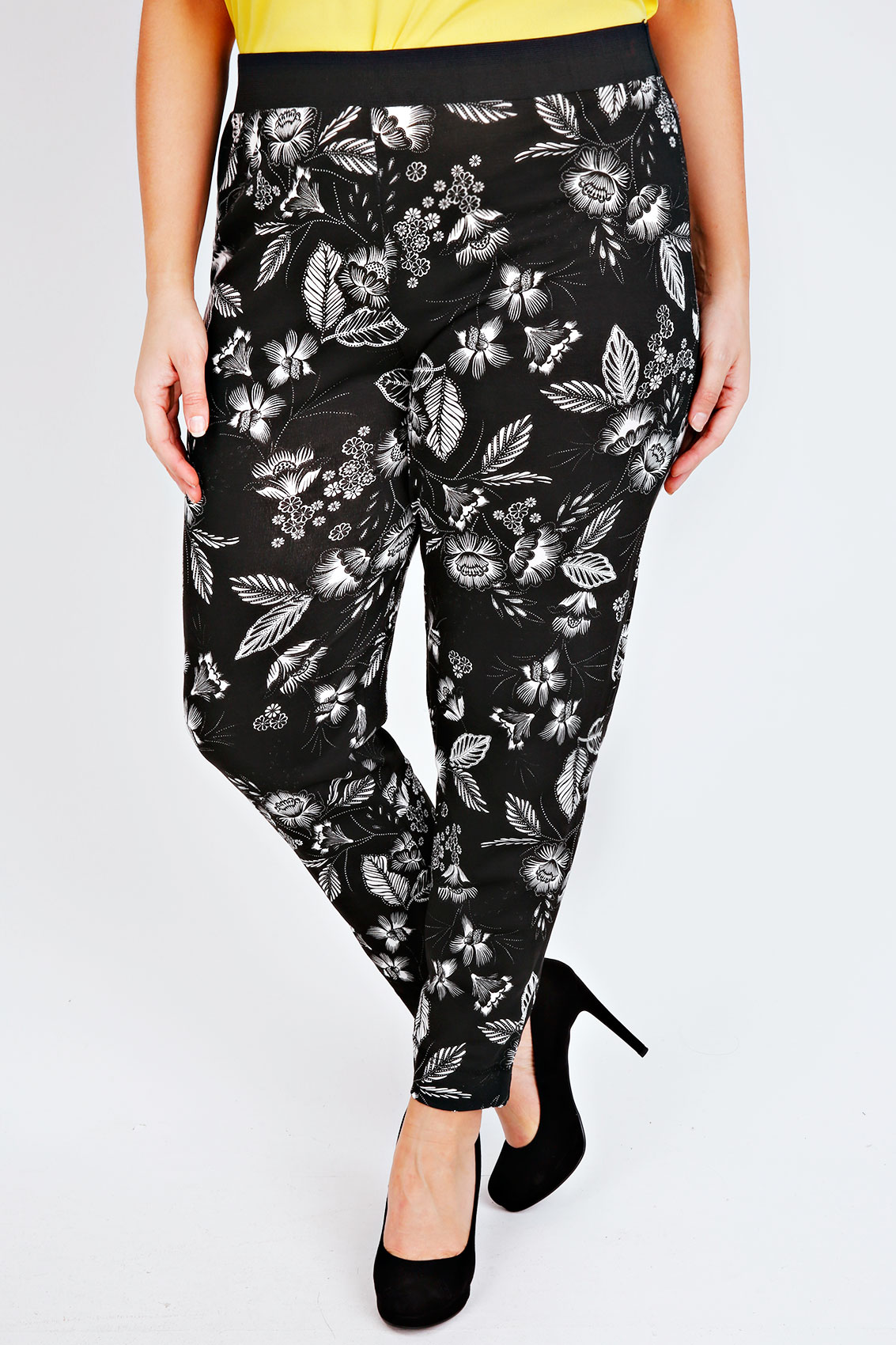 Black Floral Print Jersey Harem Trousers Plus Size 14 to 28