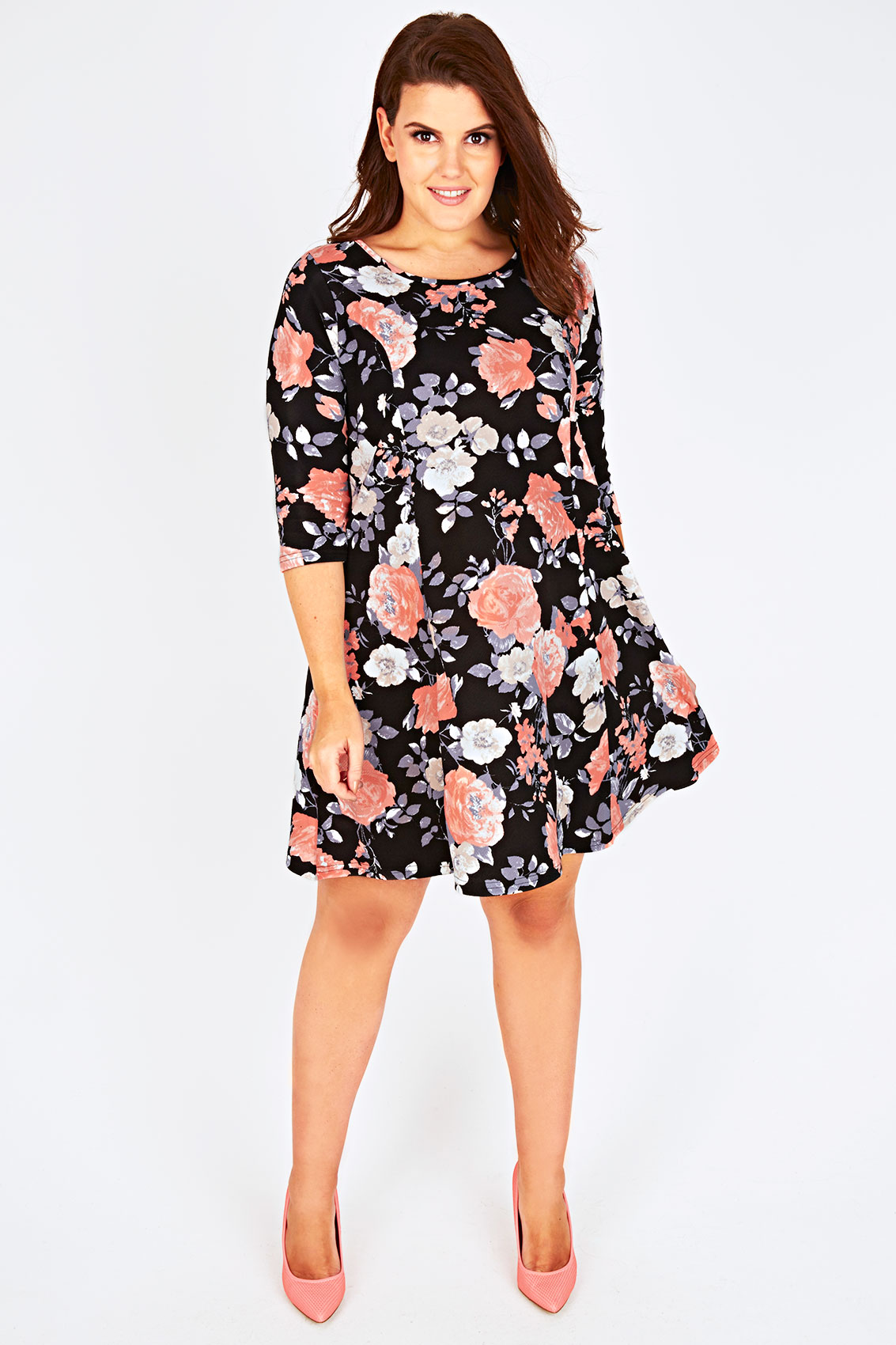 Black & Peach Floral Print Sleeved Skater Dress Plus size 14,16,18,20 ...